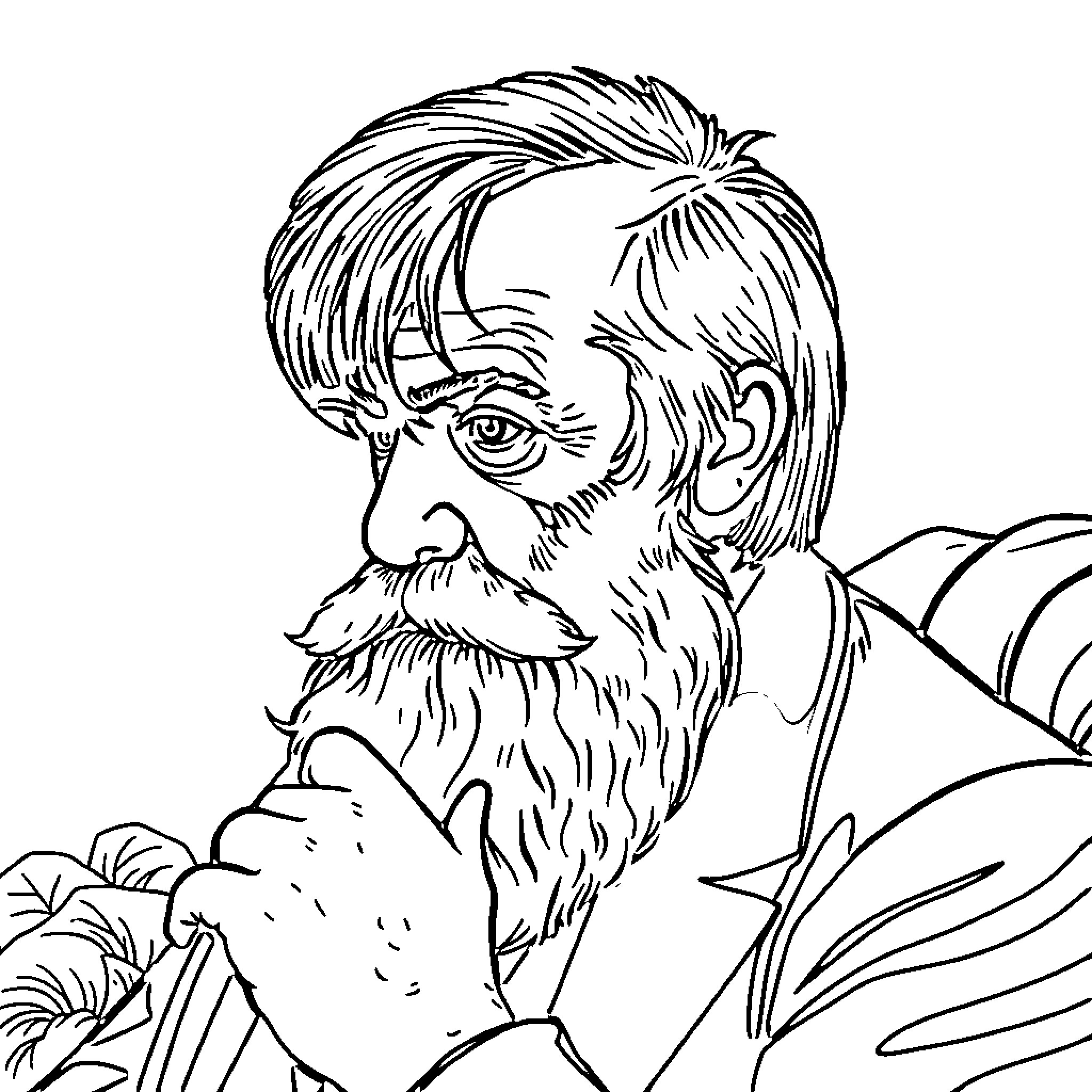 Charles Darwin's pensive expression in a thoughtful pose Coloring Page (free black-and-white line drawing printable PDF for all, from beginners to advanced learners, including children, teens, adults, and seniors)