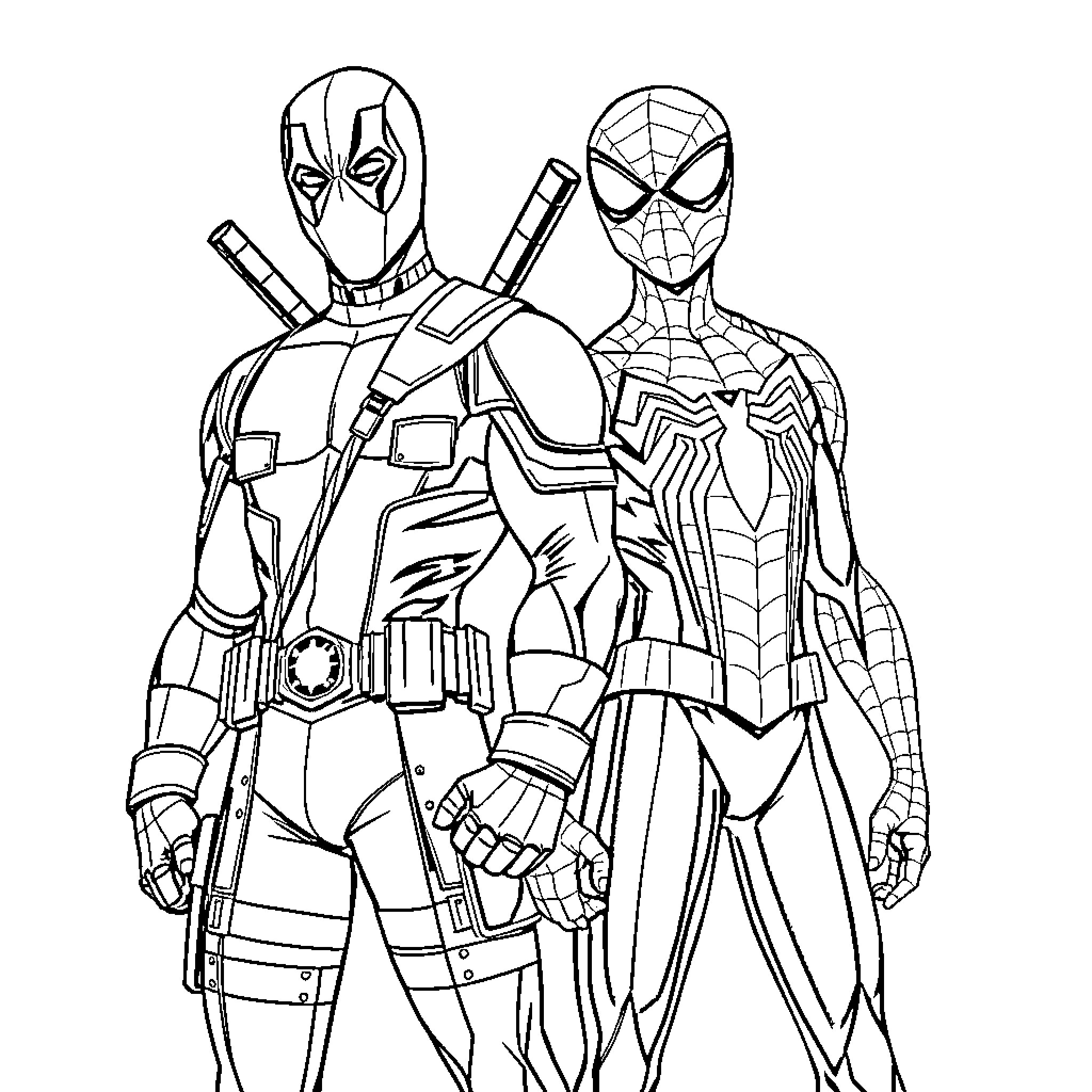 Deadpool and Spider-Man in action-packed poses Coloring Page (free black-and-white line drawing printable PDF for all, from beginners to advanced learners, including children, teens, adults, and seniors)