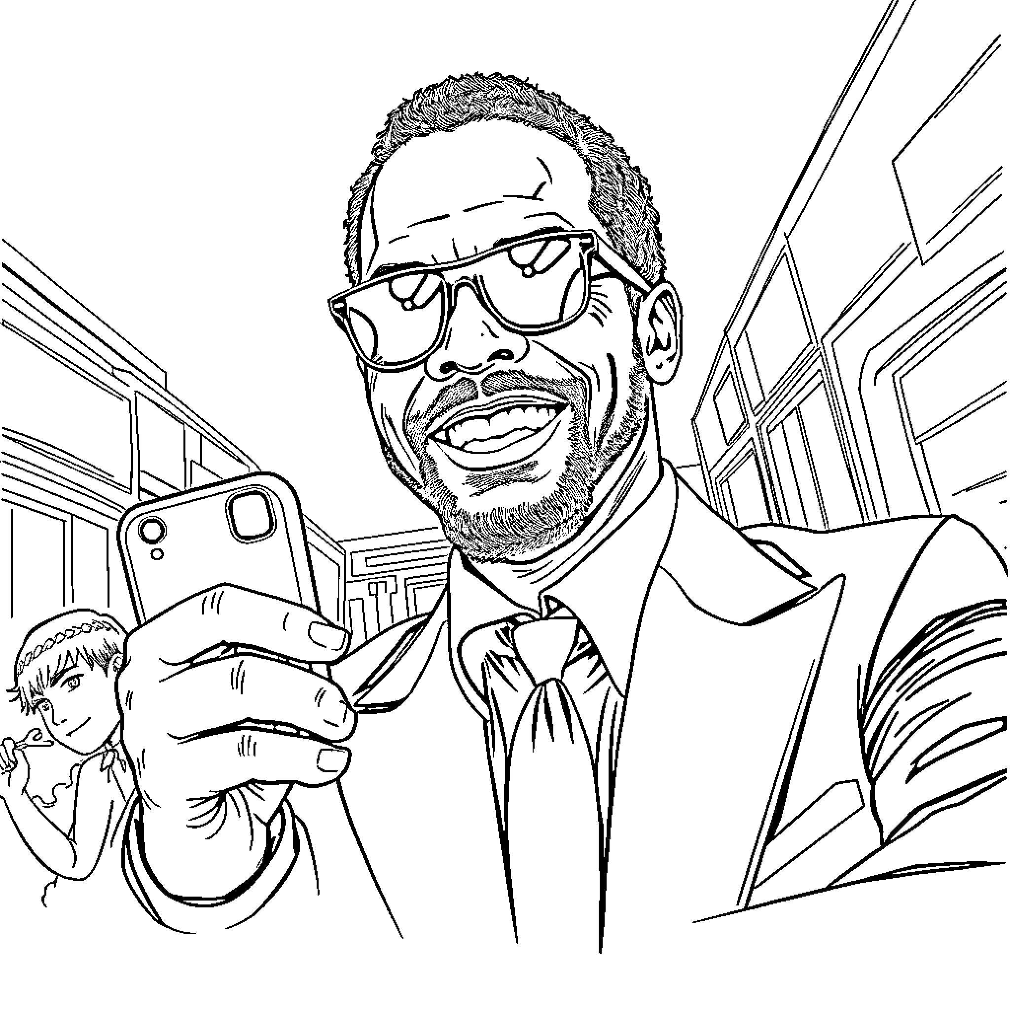 Samuel L. Jackson taking a selfie in a business suit Coloring Page (free black-and-white line drawing printable PDF for all, from beginners to advanced learners, including children, teens, adults, and seniors)