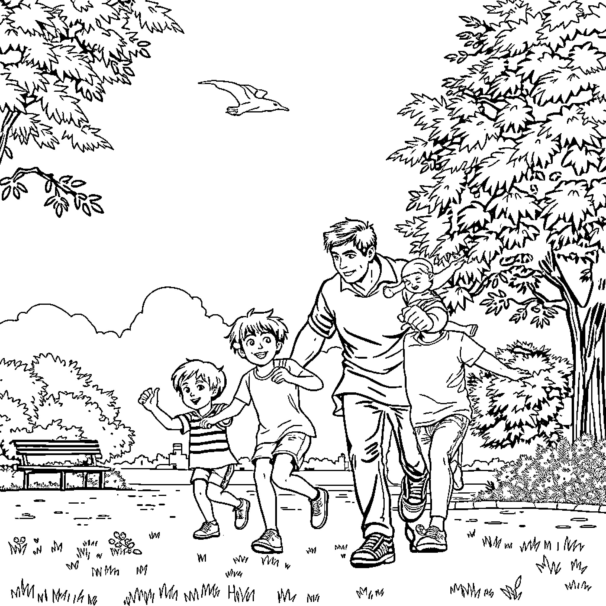 Papa takes children for a stroll in the park Coloring Page (free black-and-white line drawing printable PDF for all, from beginners to advanced learners, including children, teens, adults, and seniors)