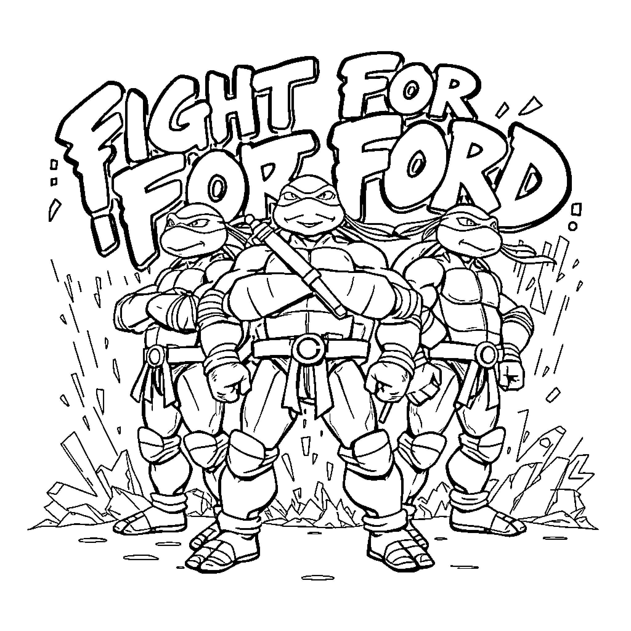 Ninja Turtles fighting for justice Coloring Page (free black-and-white line drawing printable PDF for all, from beginners to advanced learners, including children, teens, adults, and seniors)