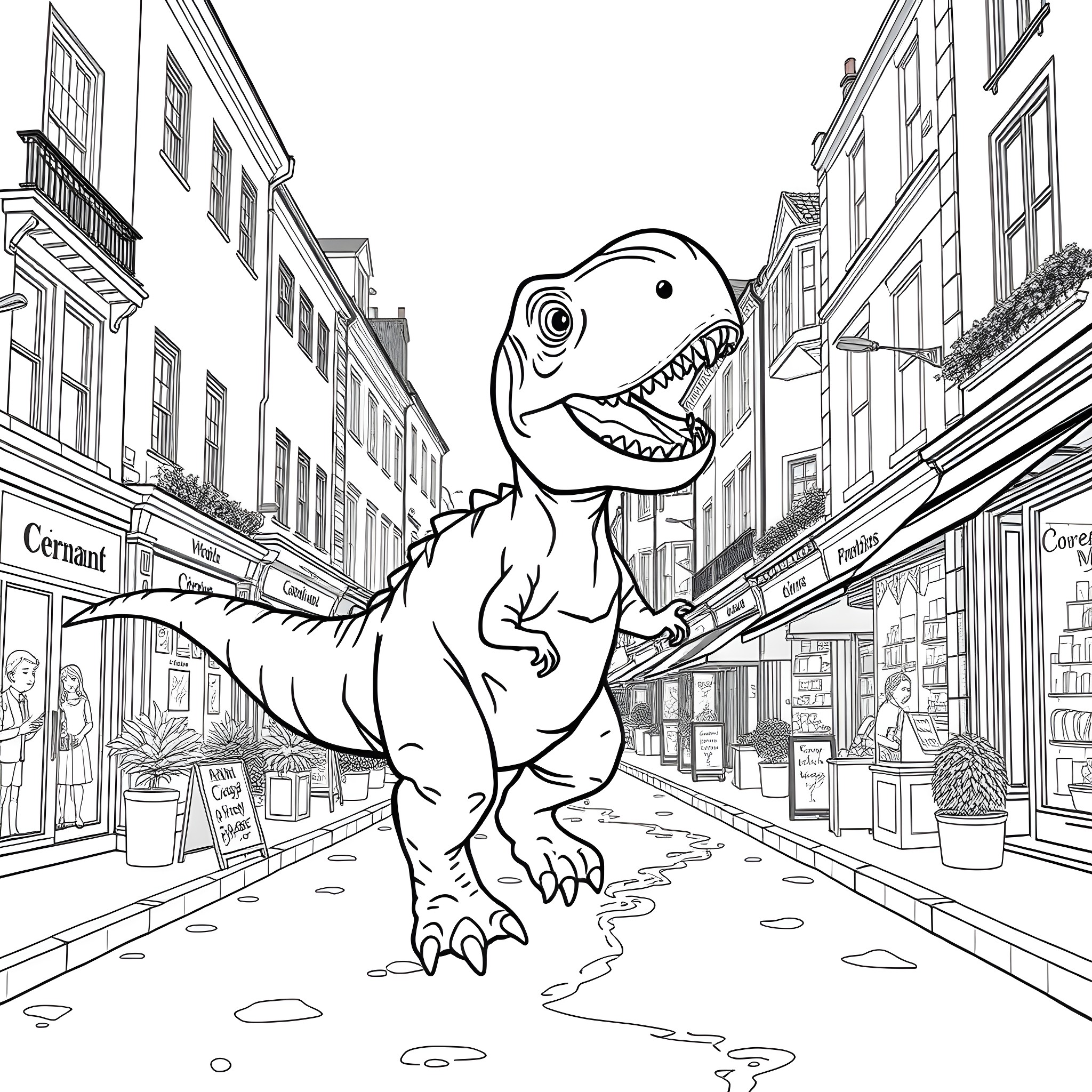 Dinosaur terrorizing a city street Coloring Page (free black-and-white line drawing printable PDF for all, from beginners to advanced learners, including children, teens, adults, and seniors)