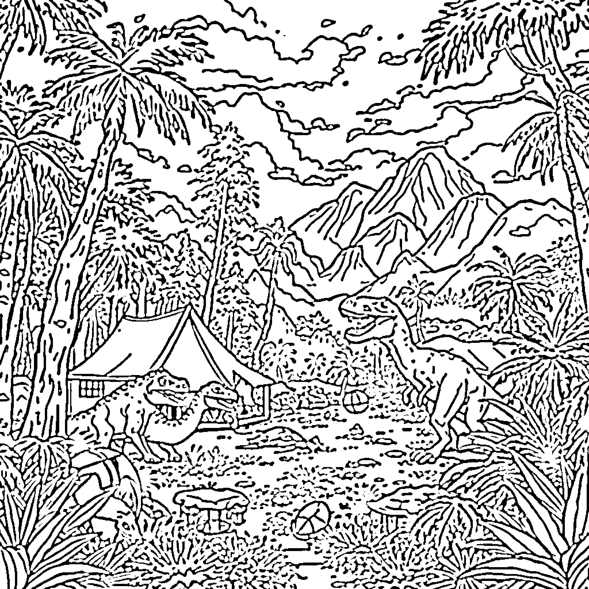 Dinosaur Adventure in the Jungle Campground Coloring Page (free black-and-white line drawing printable PDF for all, from beginners to advanced learners, including children, teens, adults, and seniors)