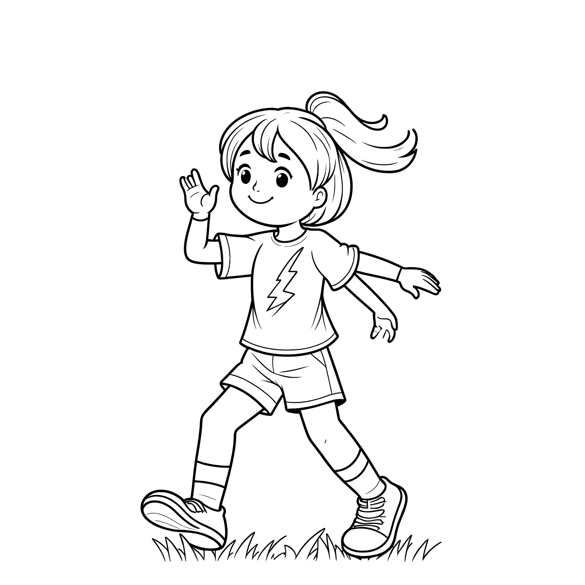Girl waving and walking happily on the grass Coloring Page (free black-and-white line drawing printable PDF for all, from beginners to advanced learners, including children, teens, adults, and seniors)