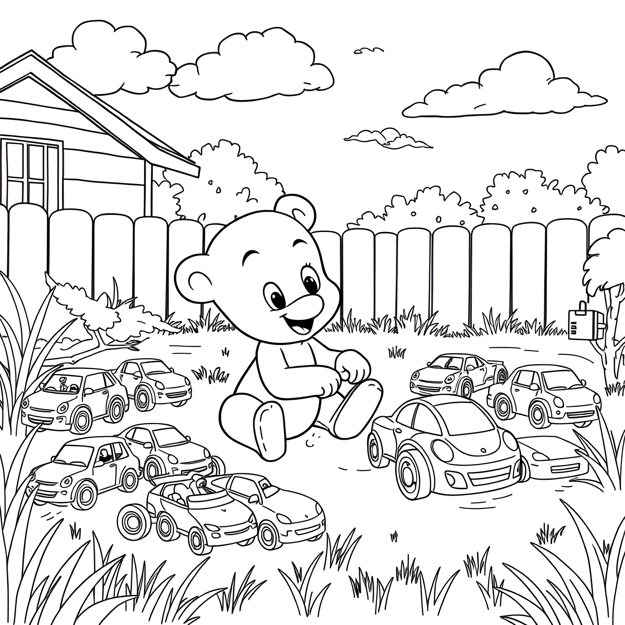 Bluey playing with toy cars in the backyard Coloring Page (free black-and-white line drawing printable PDF for all, from beginners to advanced learners, including children, teens, adults, and seniors)