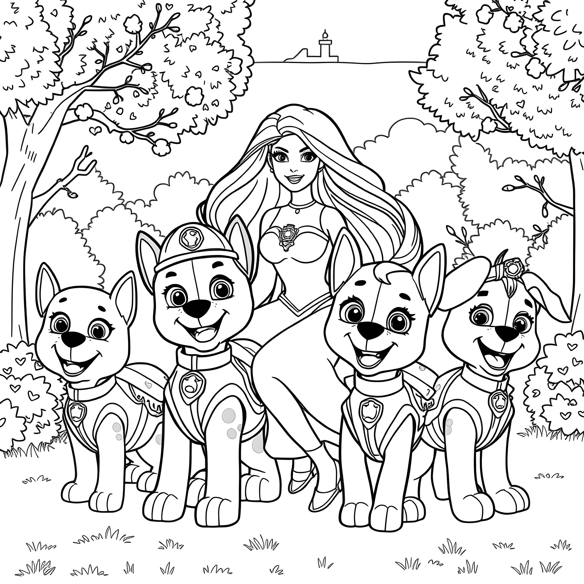 Barbie and her Paw Patrol friends in nature Coloring Page (free black-and-white line drawing printable PDF for all, from beginners to advanced learners, including children, teens, adults, and seniors)