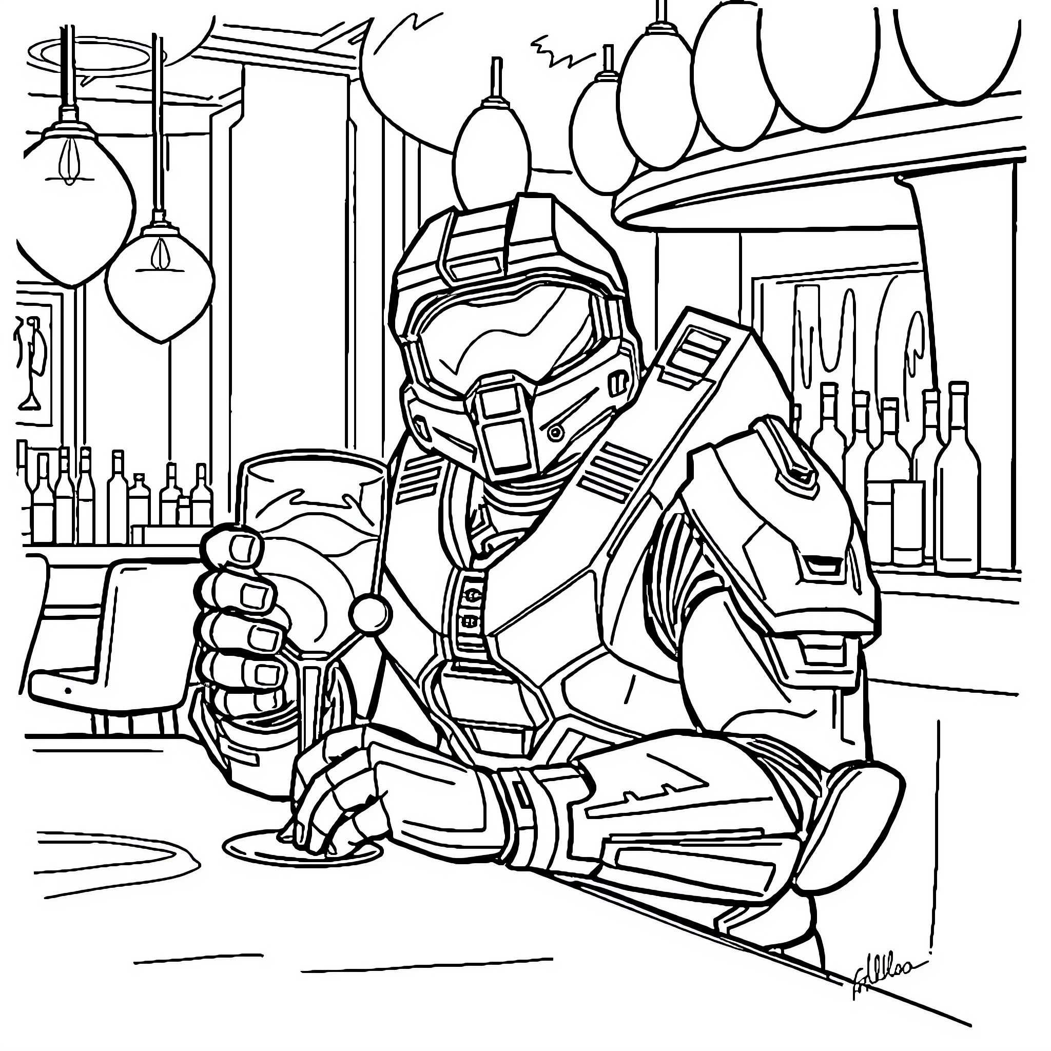 Master Chief at the Galactic Cantina Coloring Page (free black-and-white line drawing printable PDF for all, from beginners to advanced learners, including children, teens, adults, and seniors)