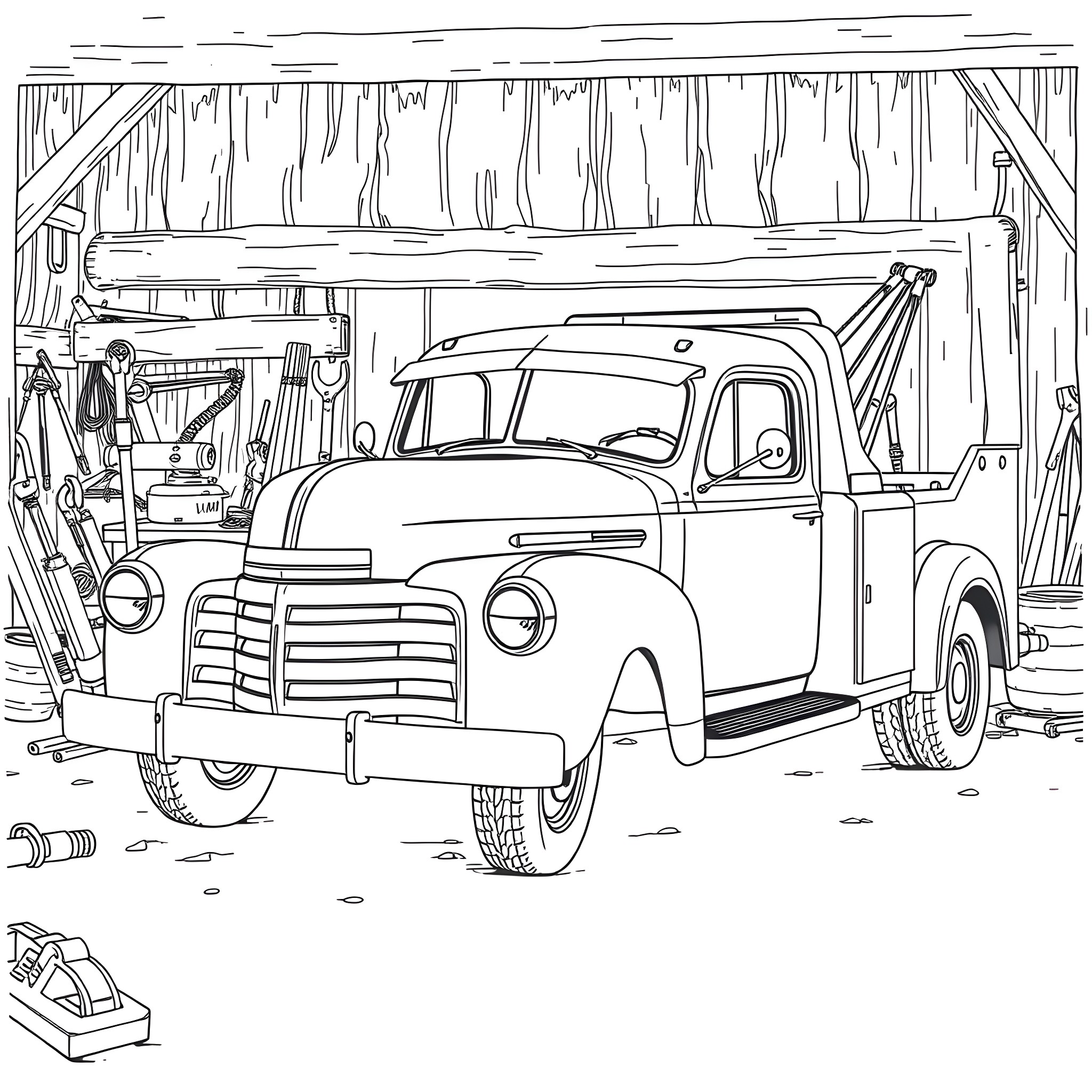 Tow Truck Parked in an Old Garage Coloring Page (free black-and-white line drawing printable PDF for all, from beginners to advanced learners, including children, teens, adults, and seniors)