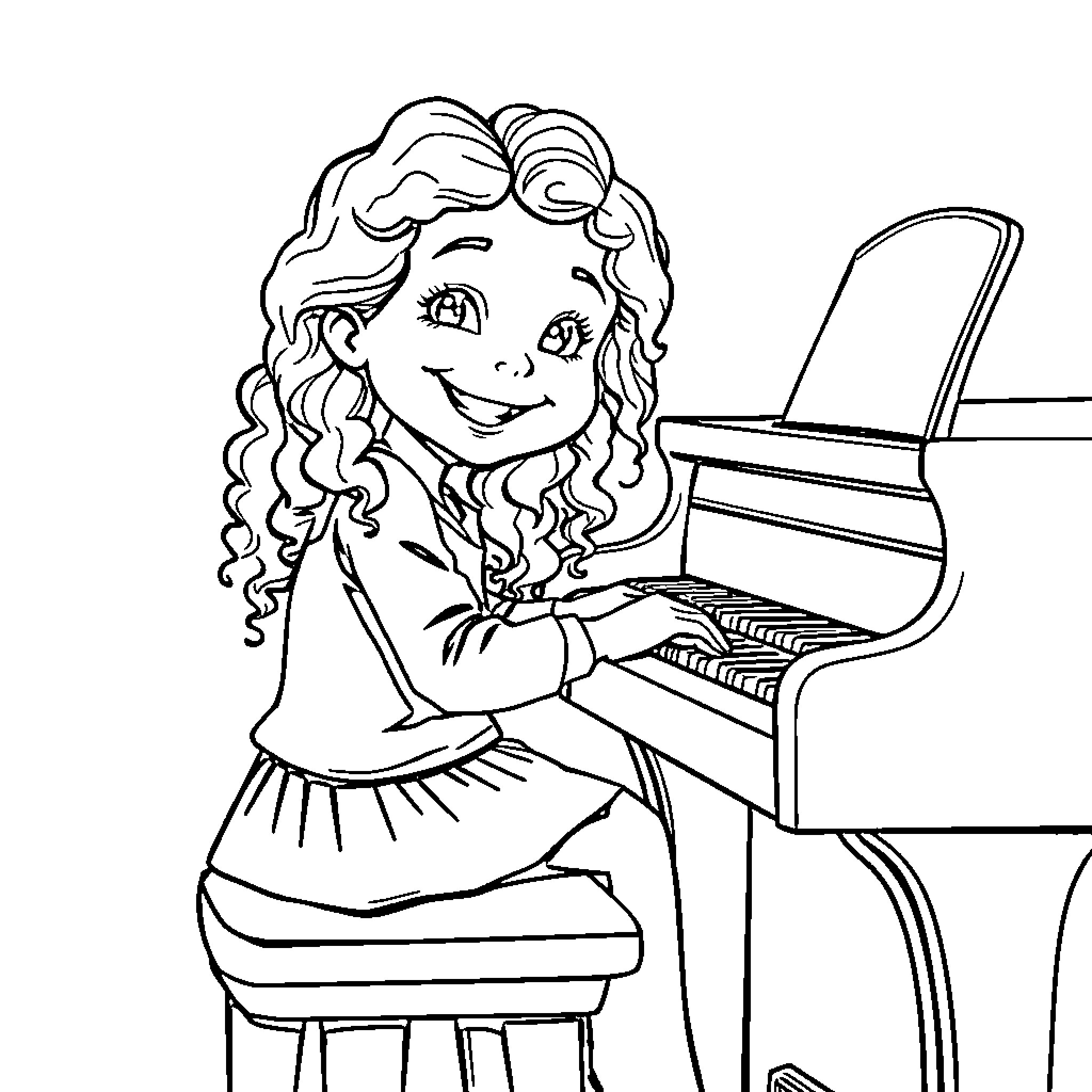 Girl playing the piano with joyful expression Coloring Page (free black-and-white line drawing printable PDF for all, from beginners to advanced learners, including children, teens, adults, and seniors)