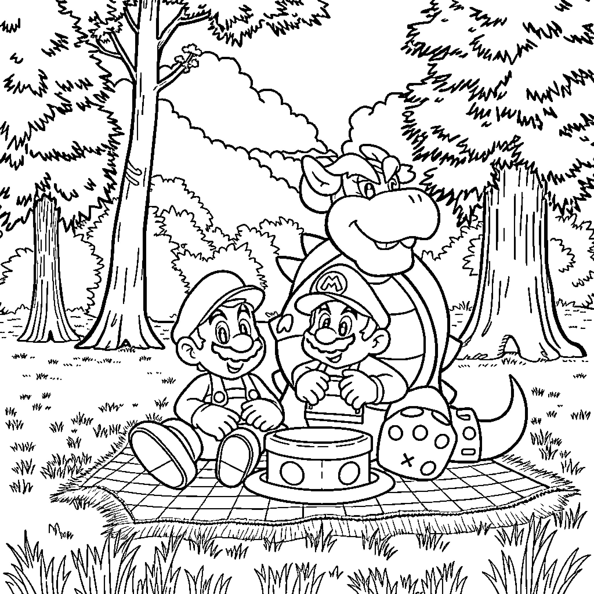Mario's Outdoor Adventure with Colorful Characters Coloring Page (free black-and-white line drawing printable PDF for all, from beginners to advanced learners, including children, teens, adults, and seniors)