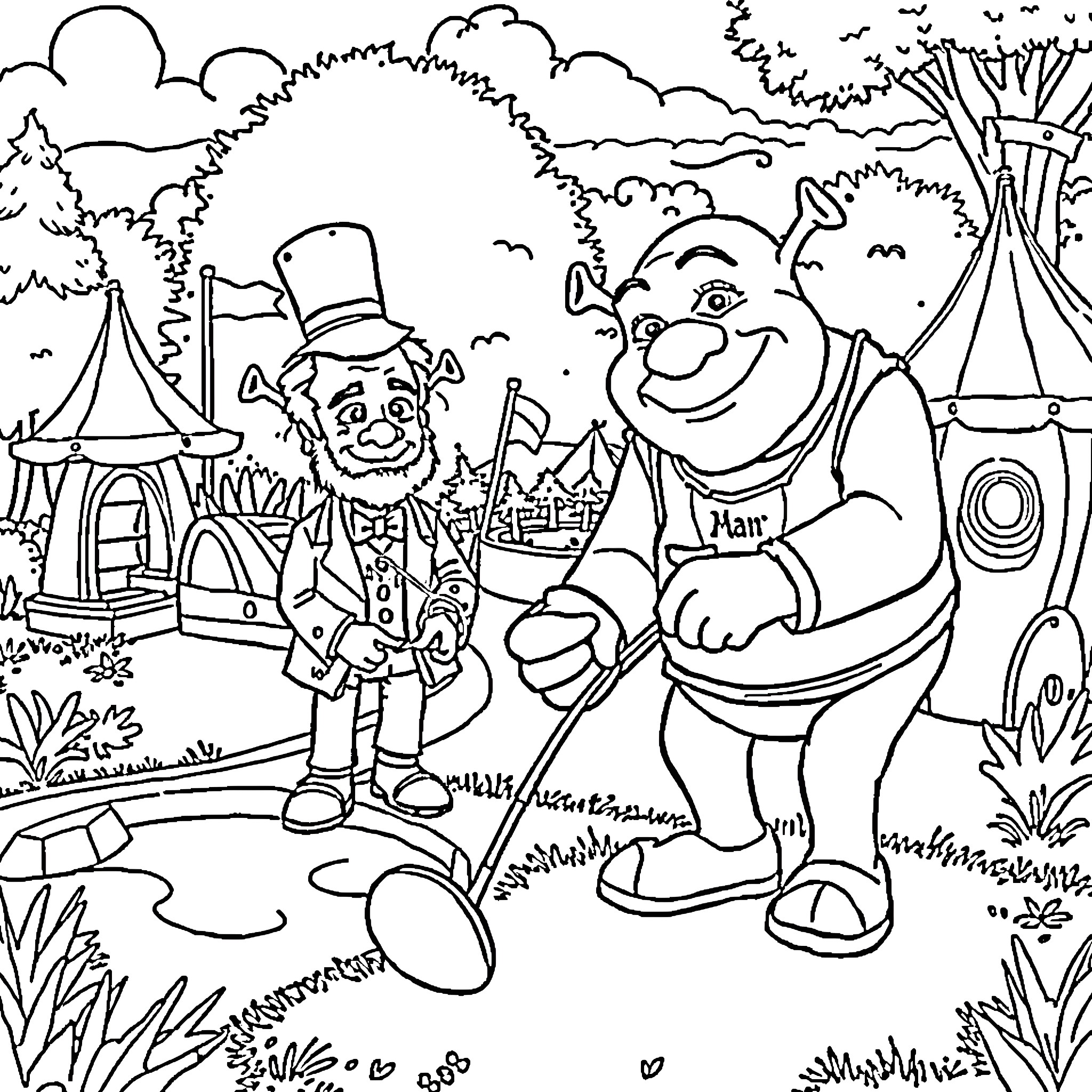 Shrek and Donkey at the Circus Coloring Page (free black-and-white line drawing printable PDF for all, from beginners to advanced learners, including children, teens, adults, and seniors)