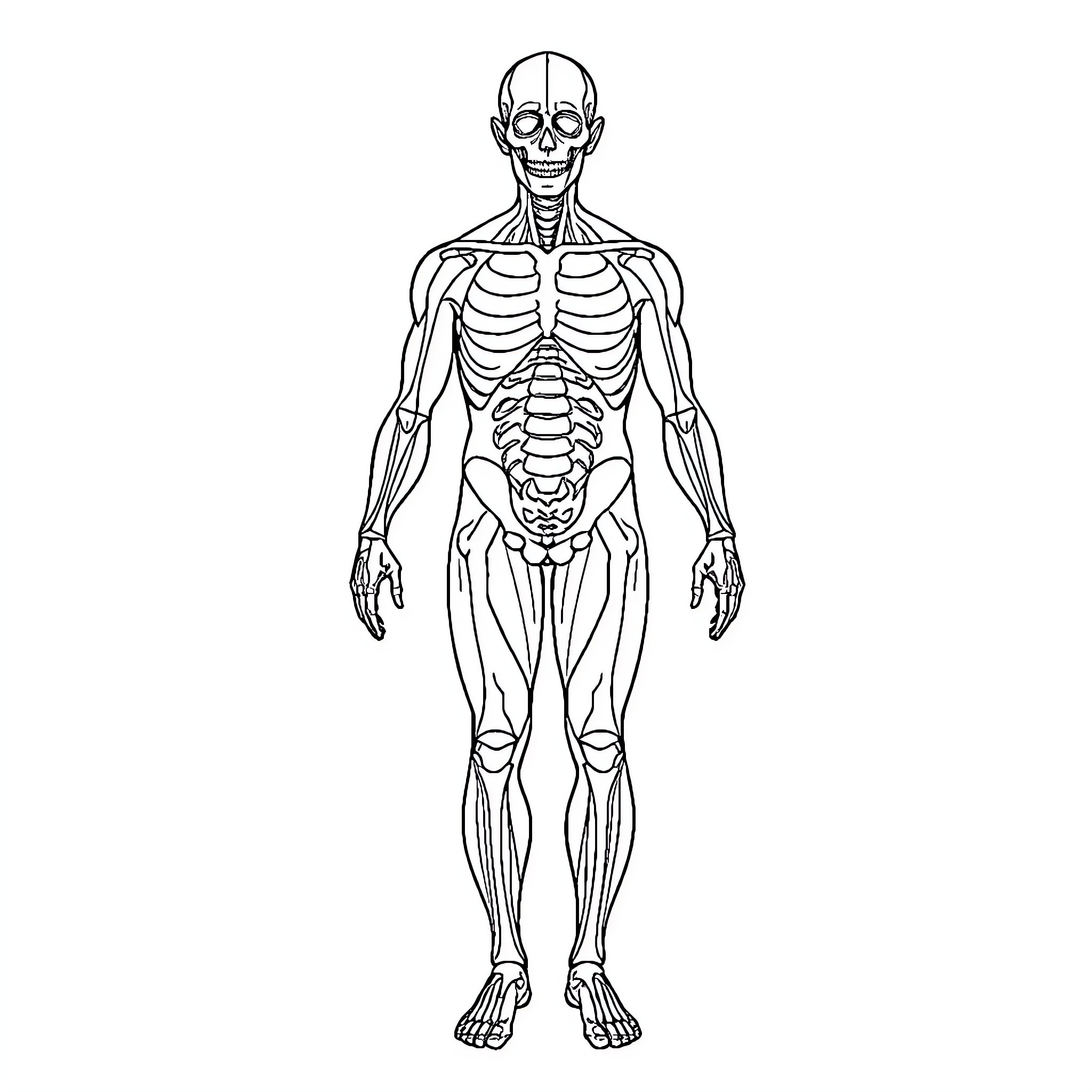 Human Anatomy: Detailed Skeletal Structure Coloring Page (free black-and-white line drawing printable PDF for all, from beginners to advanced learners, including children, teens, adults, and seniors)