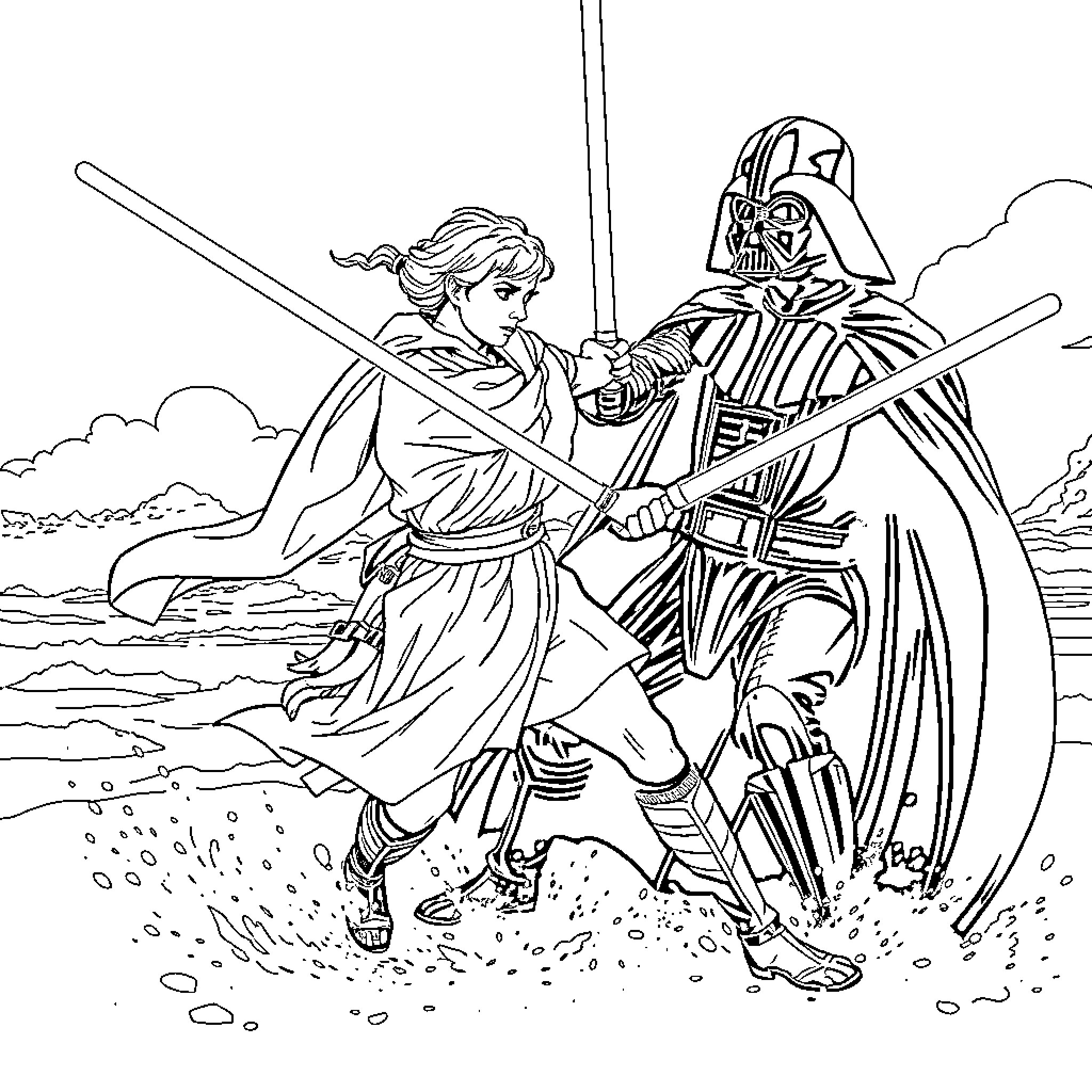 Jedi Warrior's Clash with Darth Vader Coloring Page (free black-and-white line drawing printable PDF for all, from beginners to advanced learners, including children, teens, adults, and seniors)