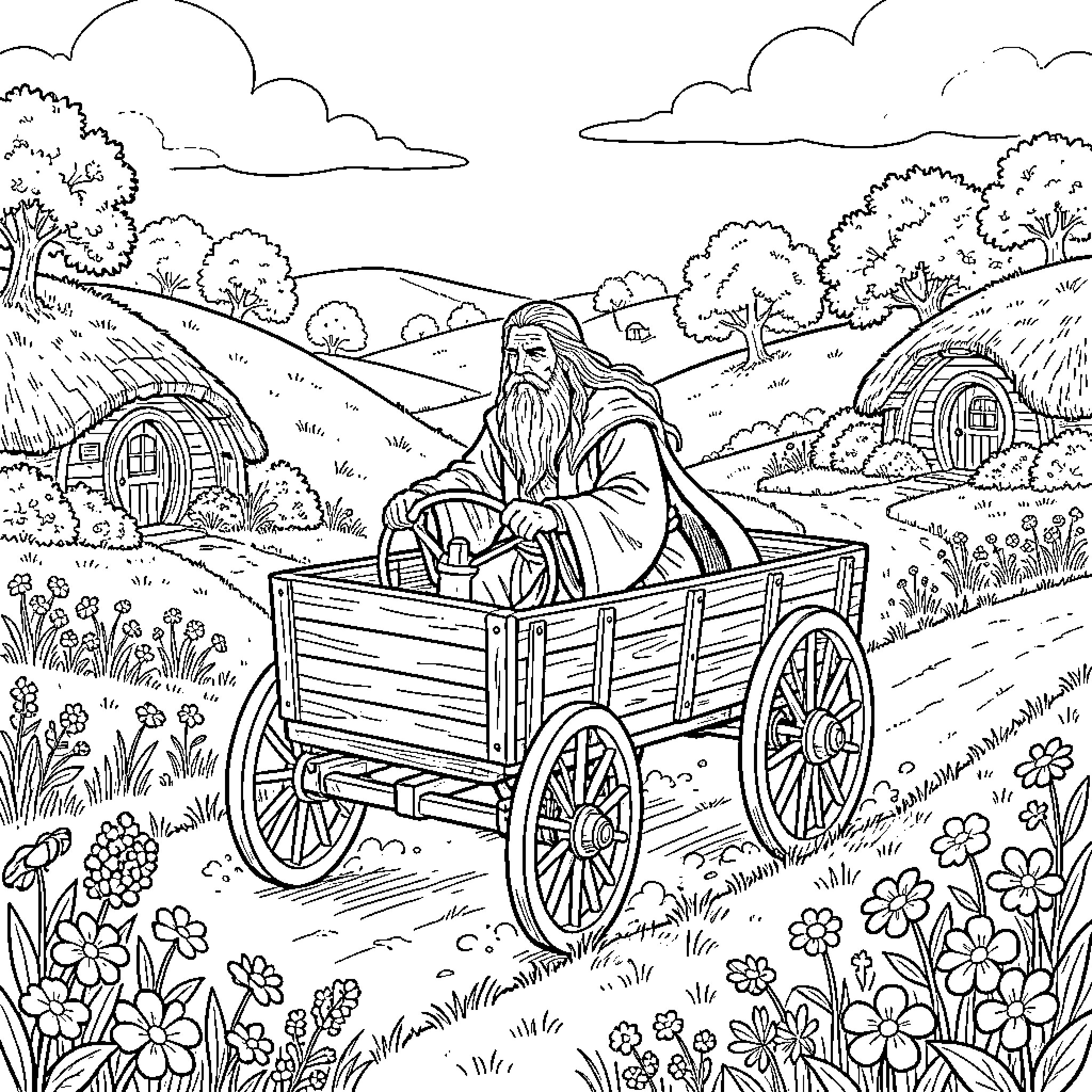 Gandalf's Peaceful Pastoral Journey in a Horse-Drawn Cart Coloring Page (free black-and-white line drawing printable PDF for all, from beginners to advanced learners, including children, teens, adults, and seniors)