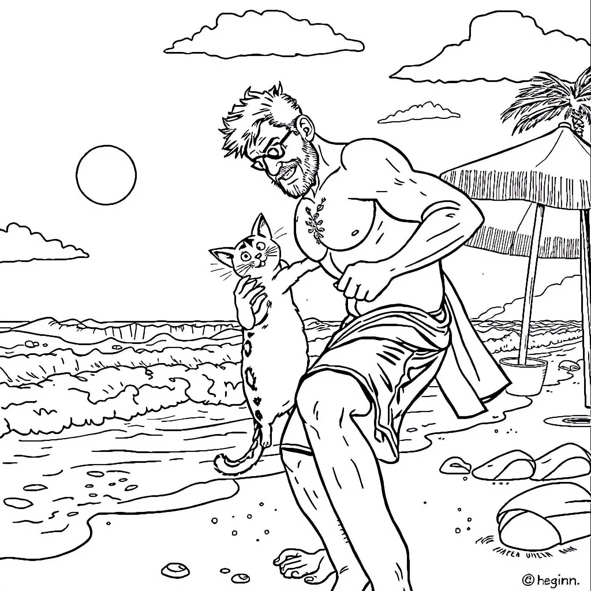 Barman relaxing with a companion on the beach Coloring Page (free black-and-white line drawing printable PDF for all, from beginners to advanced learners, including children, teens, adults, and seniors)