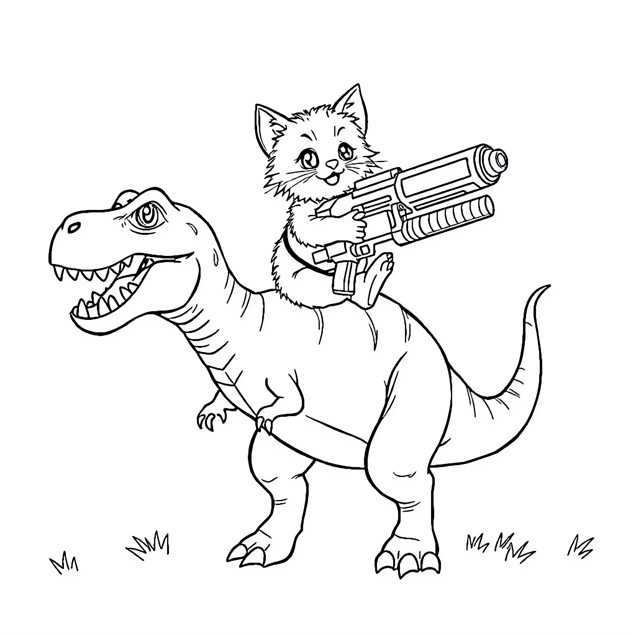 Kitten riding a dinosaur with a laser gun Coloring Page (free black-and-white line drawing printable PDF for all, from beginners to advanced learners, including children, teens, adults, and seniors)