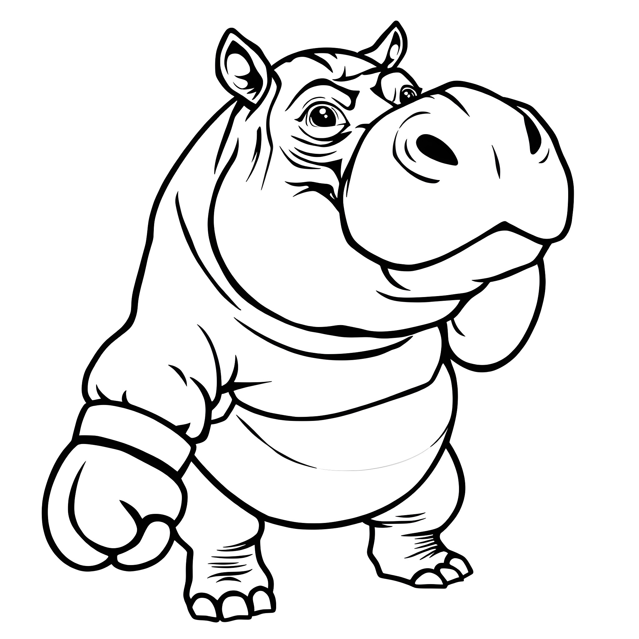 Hippo standing with a happy expression Coloring Page (free black-and-white line drawing printable PDF for all, from beginners to advanced learners, including children, teens, adults, and seniors)