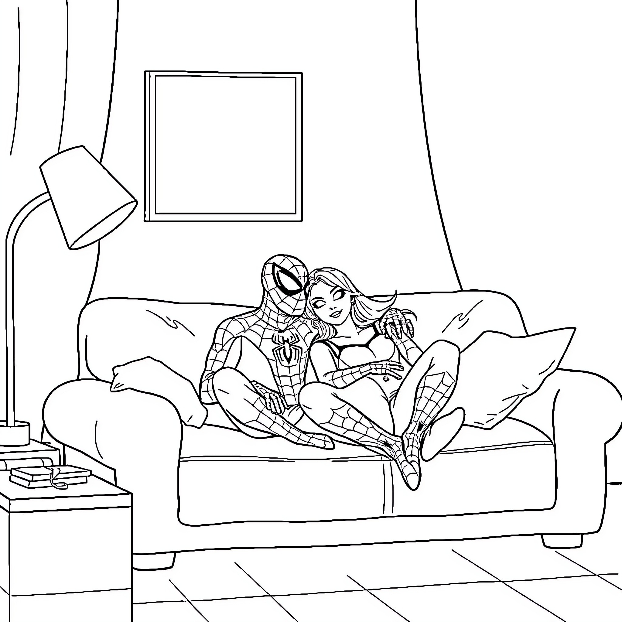 Spiderman relaxing with his superhero companion Coloring Page (free black-and-white line drawing printable PDF for all, from beginners to advanced learners, including children, teens, adults, and seniors)
