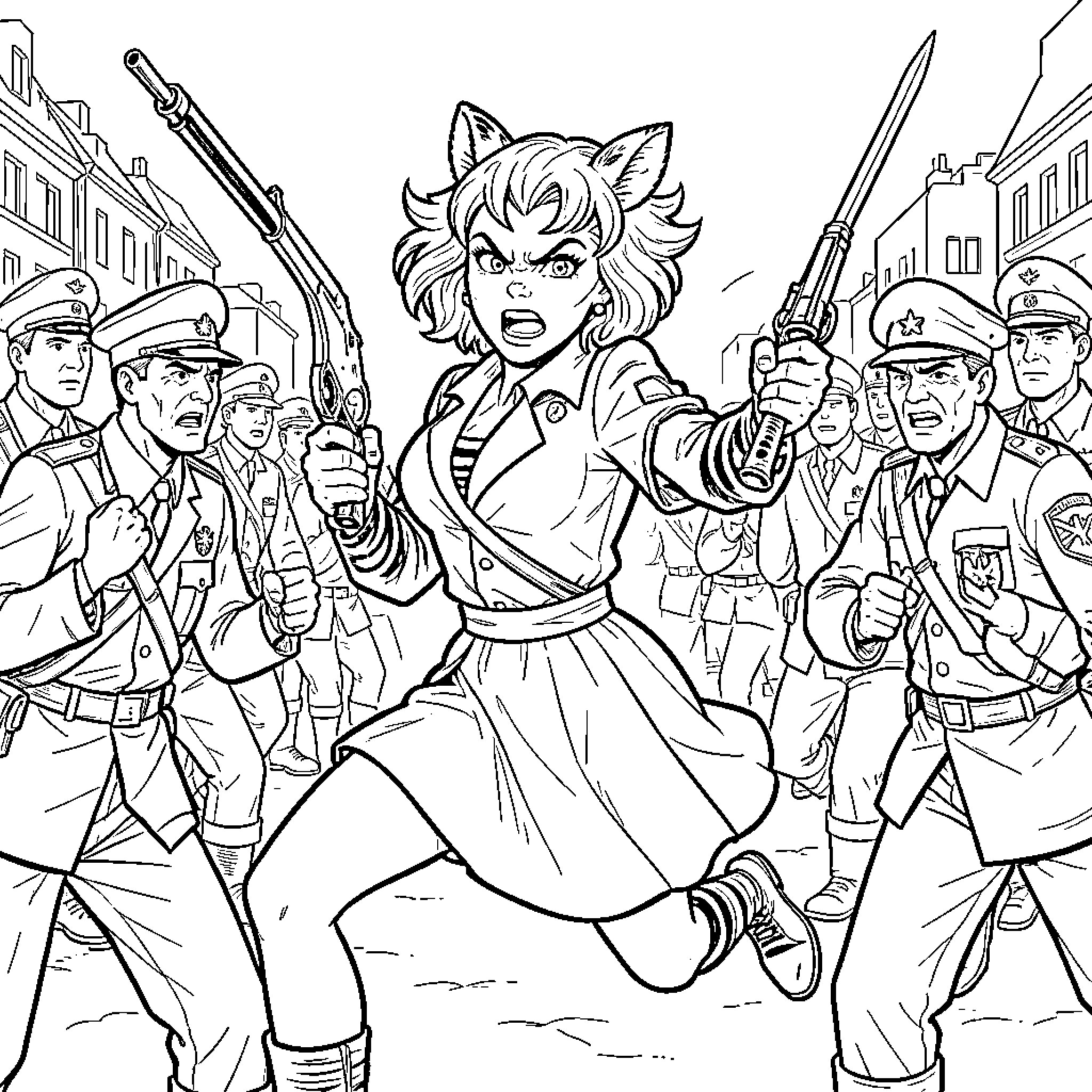 Tiger Lilly fighting bravely against a group of soldiers Coloring Page (free black-and-white line drawing printable PDF for all, from beginners to advanced learners, including children, teens, adults, and seniors)