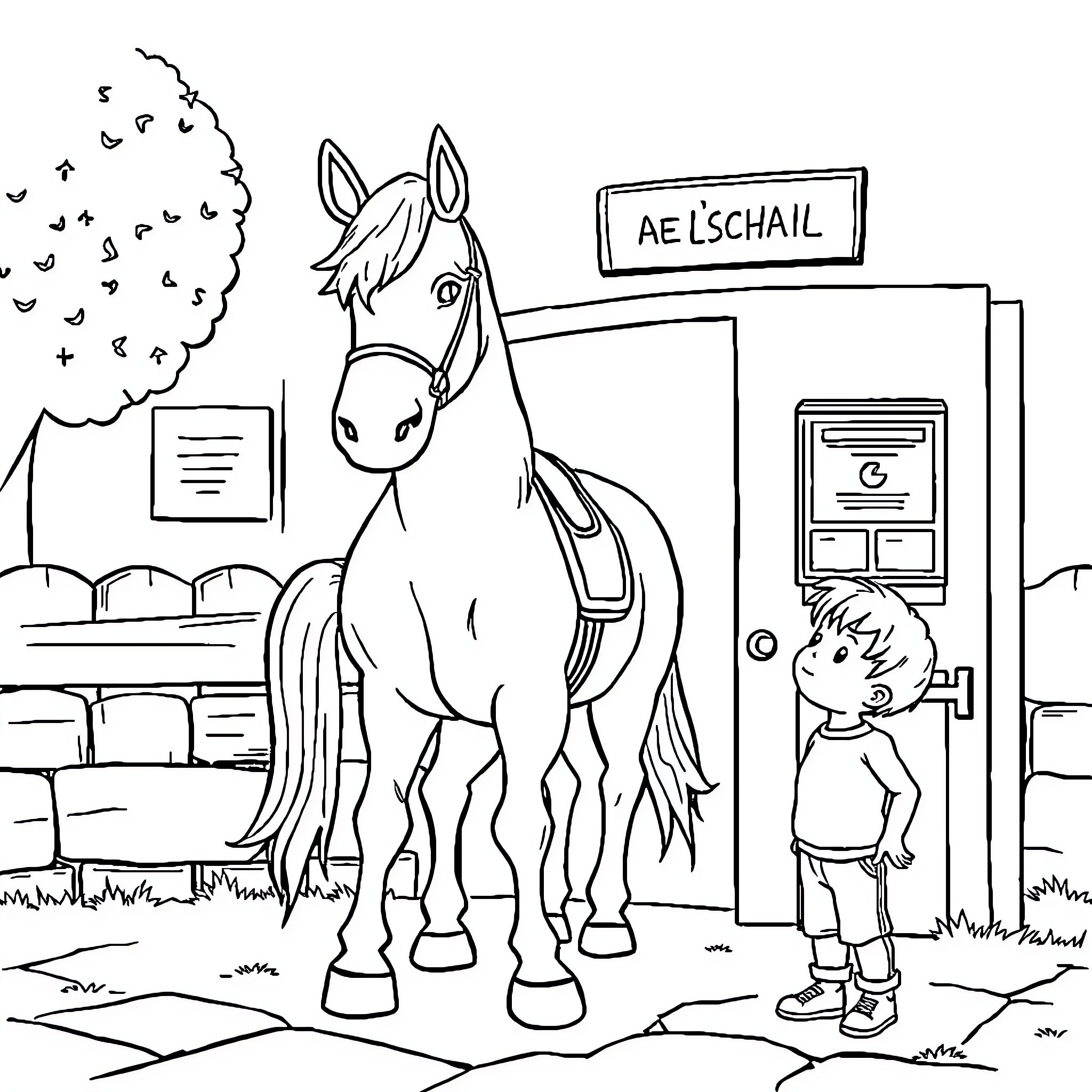 Horse standing near a child at a school entrance Coloring Page (free black-and-white line drawing printable PDF for all, from beginners to advanced learners, including children, teens, adults, and seniors)