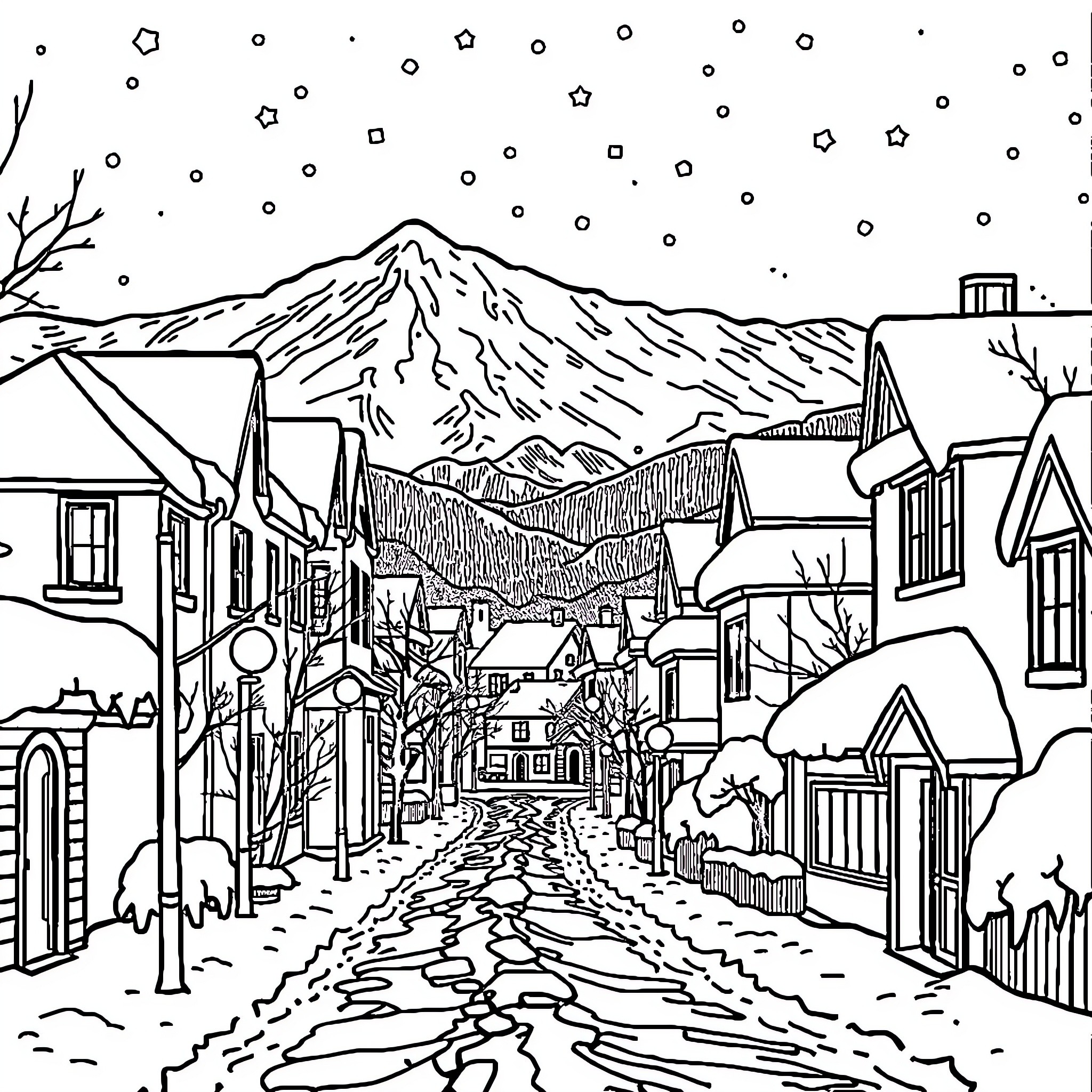 Winter Wonderland: Snowy Village Nestled in the Mountains Coloring Page (free black-and-white line drawing printable PDF for all, from beginners to advanced learners, including children, teens, adults, and seniors)
