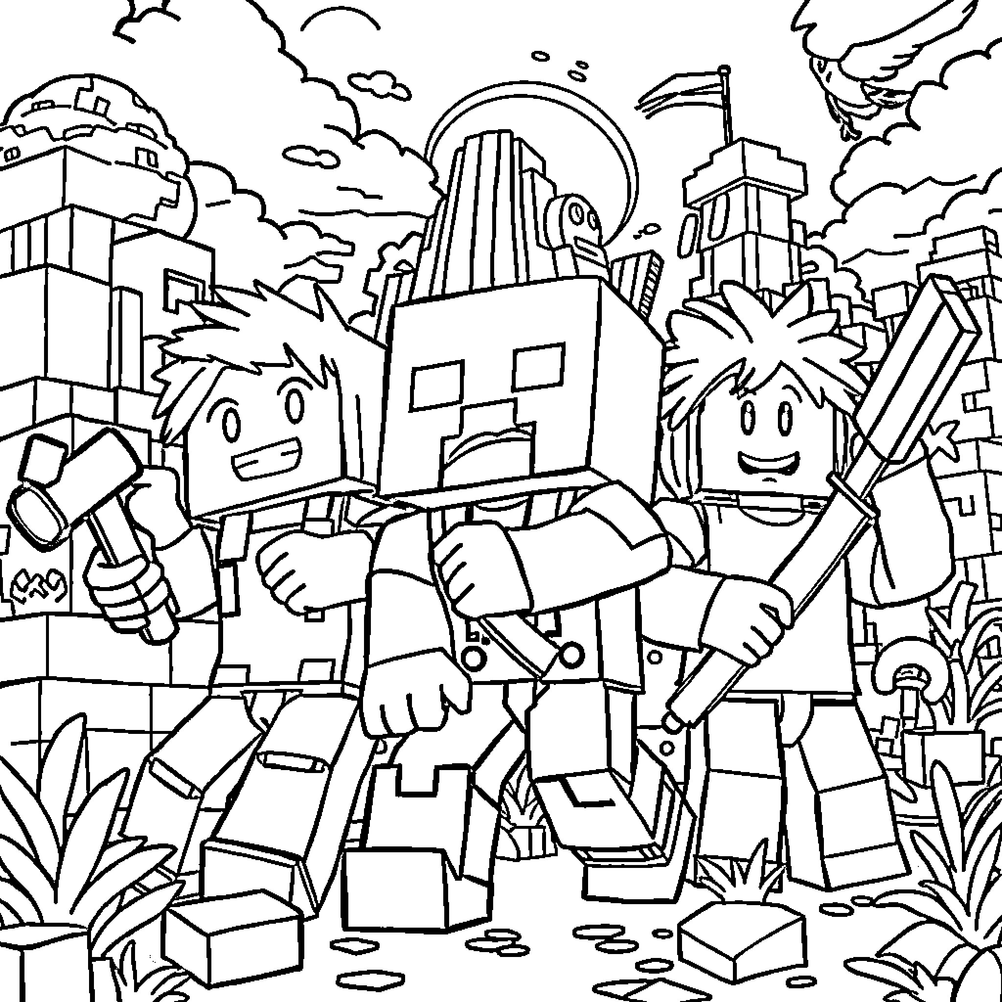 Character exploring futuristic cityscape with robot companion Coloring Page (free black-and-white line drawing printable PDF for all, from beginners to advanced learners, including children, teens, adults, and seniors)