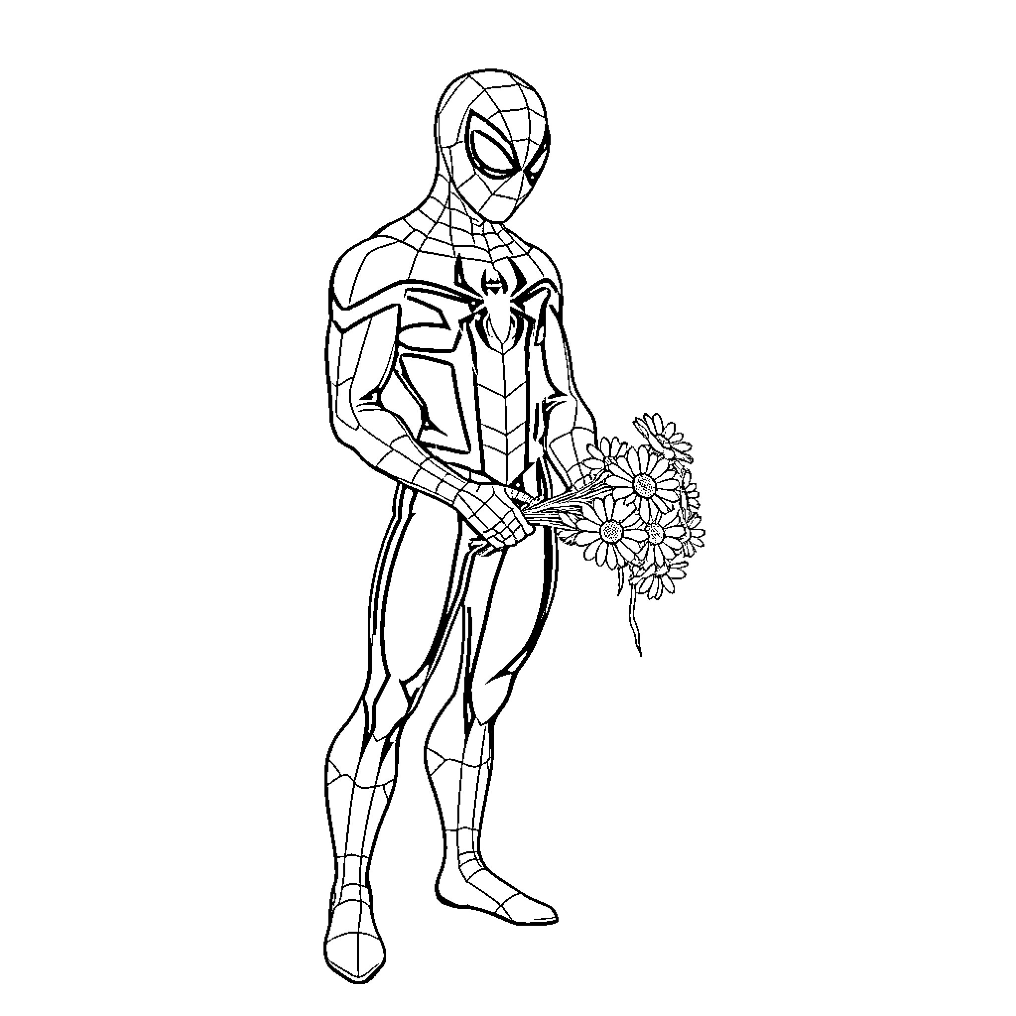 Spider-Man Holds Colorful Flower Bouquet Coloring Page (free black-and-white line drawing printable PDF for all, from beginners to advanced learners, including children, teens, adults, and seniors)