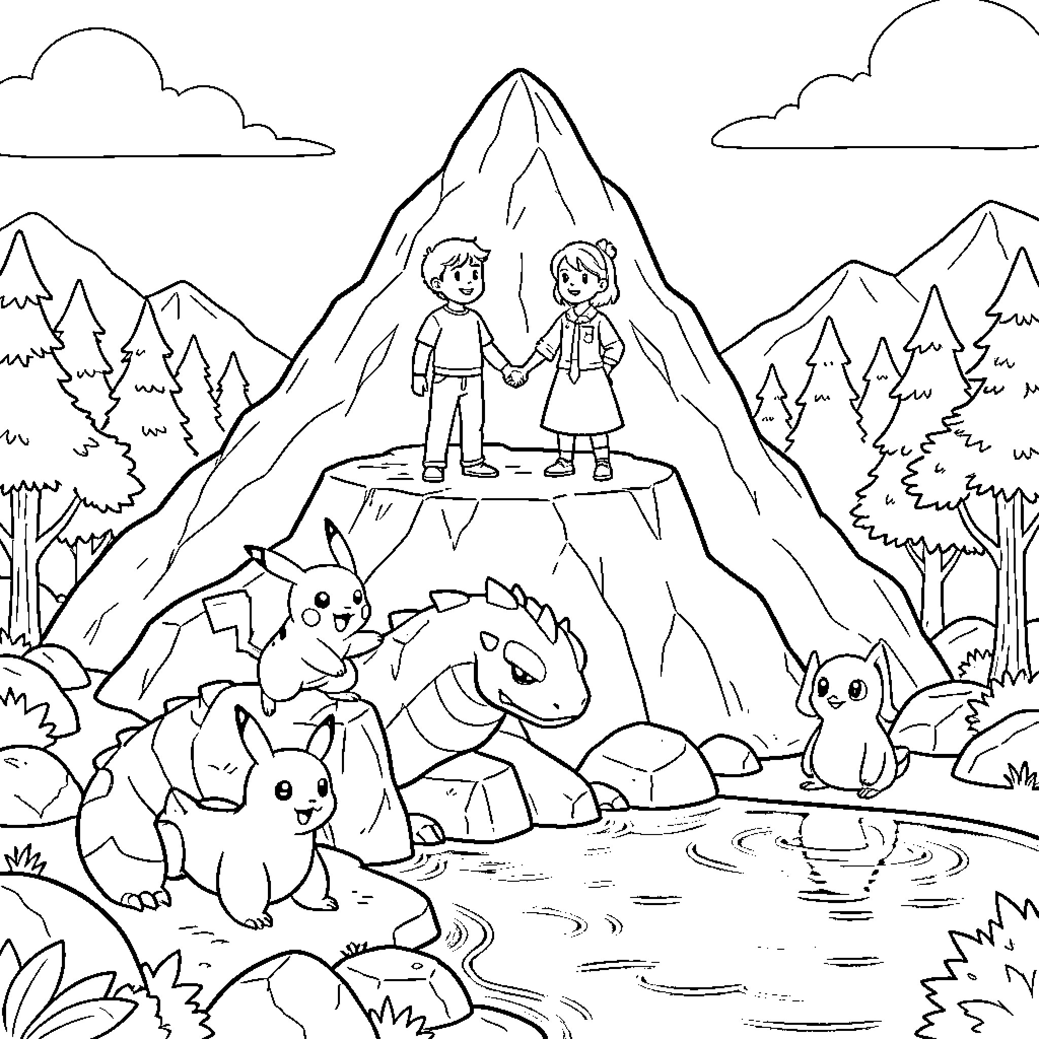Pikachu and friends enjoying a mountain adventure Coloring Page (free black-and-white line drawing printable PDF for all, from beginners to advanced learners, including children, teens, adults, and seniors)
