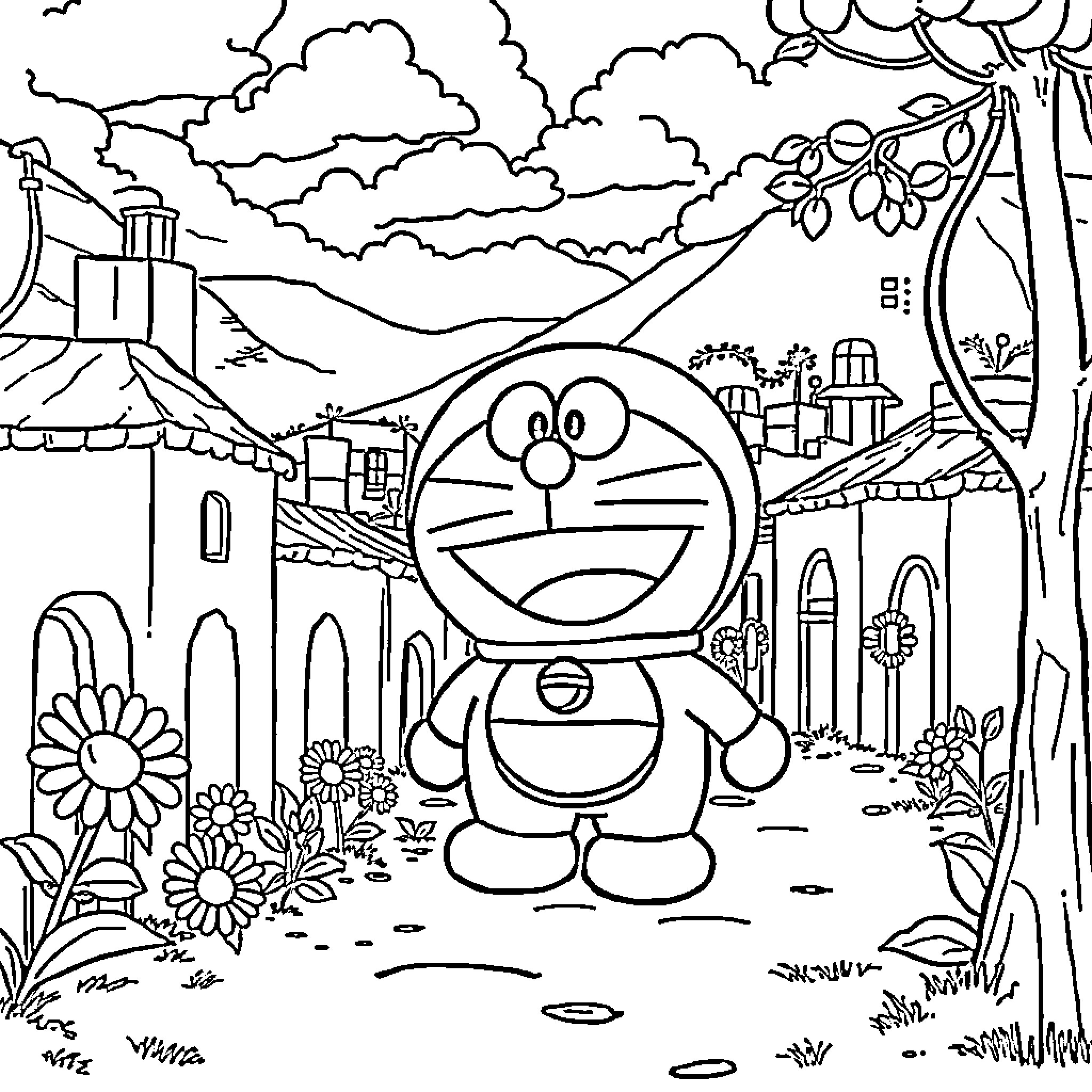 Doraemon exploring a whimsical village scene Coloring Page (free black-and-white line drawing printable PDF for all, from beginners to advanced learners, including children, teens, adults, and seniors)