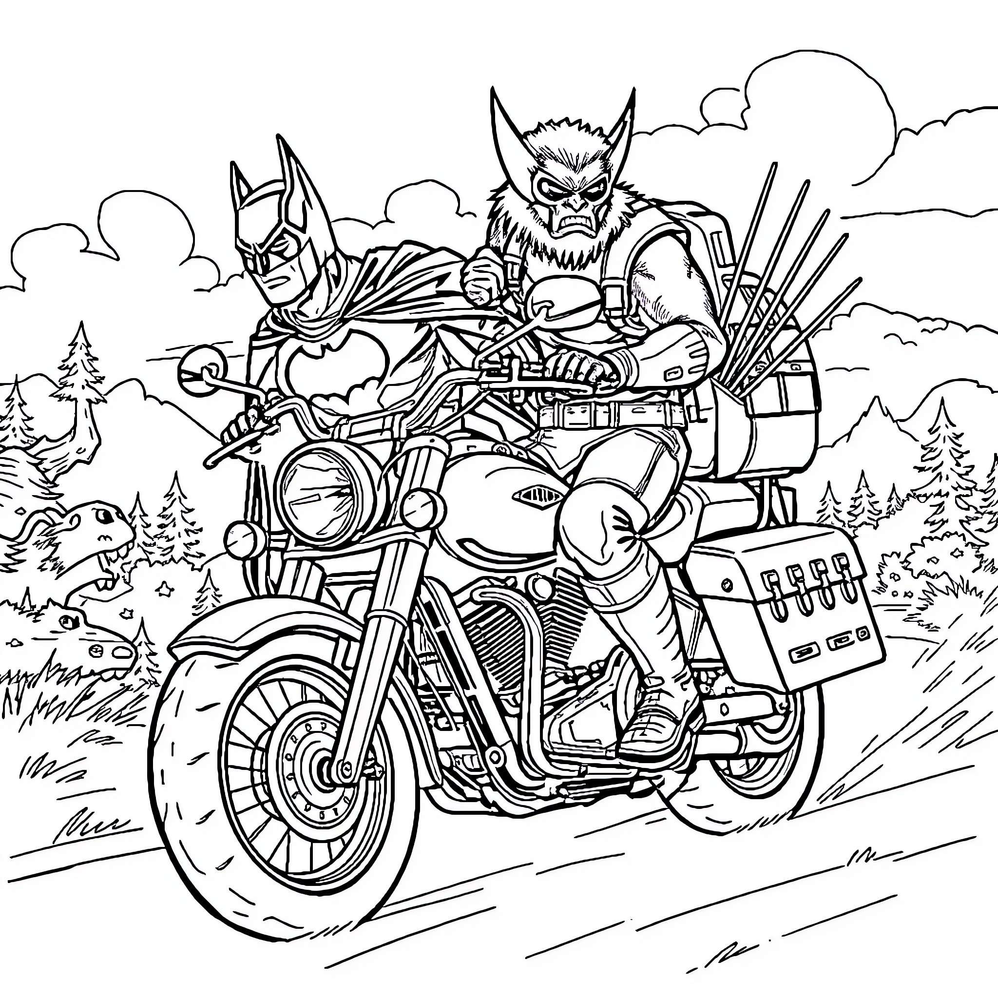 Batman's Motorcycle Adventure in the Wilderness Coloring Page (free black-and-white line drawing printable PDF for all, from beginners to advanced learners, including children, teens, adults, and seniors)
