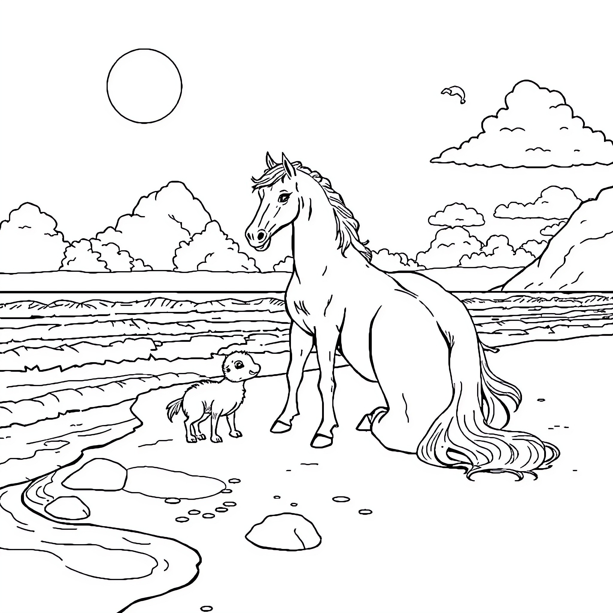 Horse and foal enjoying scenic beach view Coloring Page (free black-and-white line drawing printable PDF for all, from beginners to advanced learners, including children, teens, adults, and seniors)