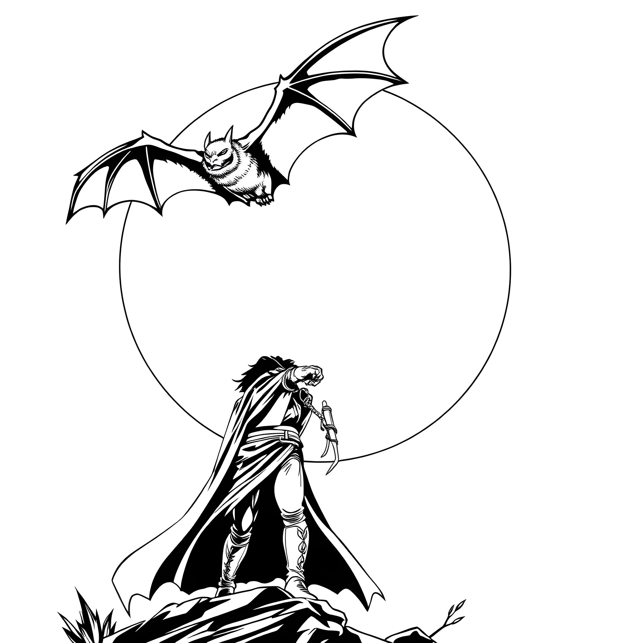 Bat knight standing tall under the moon Coloring Page (free black-and-white line drawing printable PDF for all, from beginners to advanced learners, including children, teens, adults, and seniors)