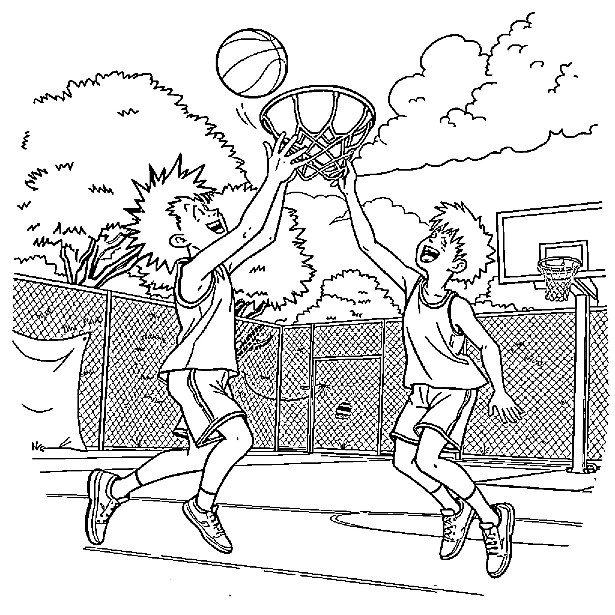 Gon and Killua playing basketball on the court Coloring Page (free black-and-white line drawing printable PDF for all, from beginners to advanced learners, including children, teens, adults, and seniors)