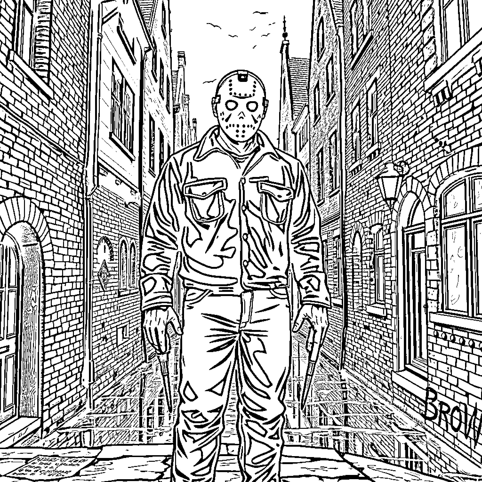 Jason walks confidently through the dark alley Coloring Page (free black-and-white line drawing printable PDF for all, from beginners to advanced learners, including children, teens, adults, and seniors)