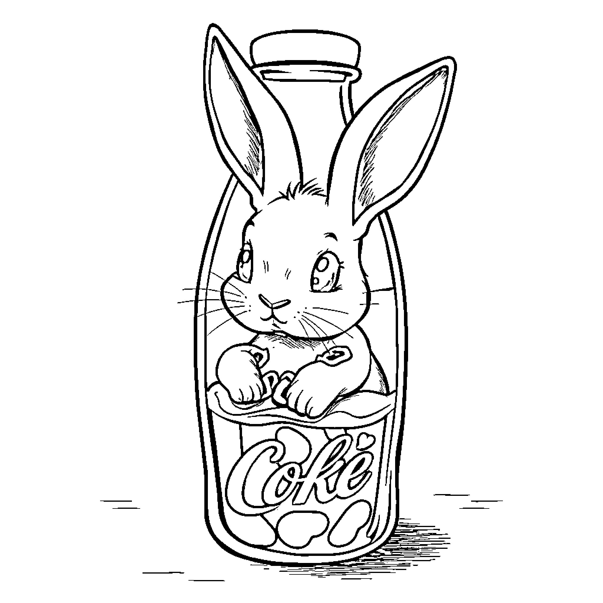 Bunny in a bottle with a happy expression Coloring Page (free black-and-white line drawing printable PDF for all, from beginners to advanced learners, including children, teens, adults, and seniors)