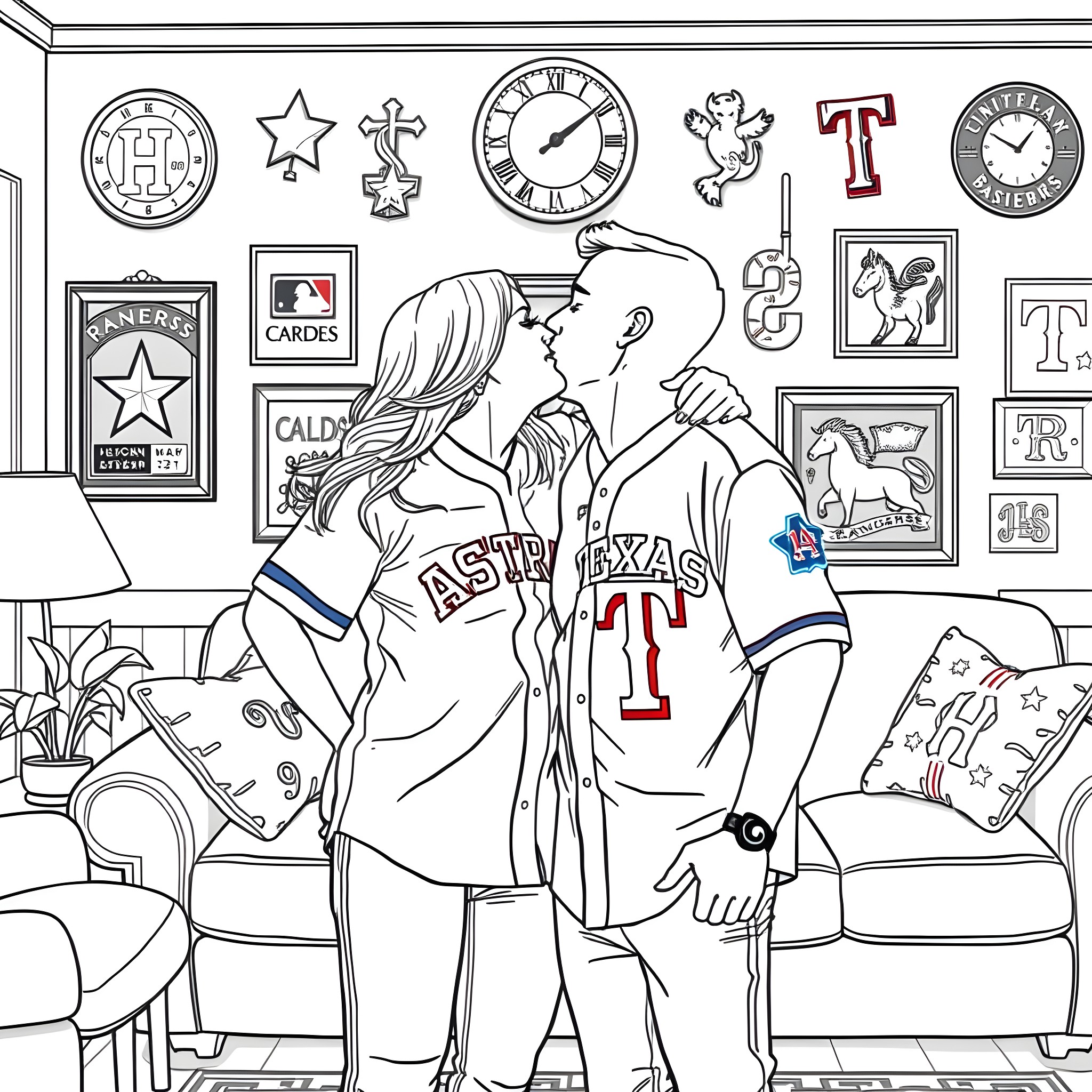 Wife embracing husband in cozy home setting Coloring Page (free black-and-white line drawing printable PDF for all, from beginners to advanced learners, including children, teens, adults, and seniors)