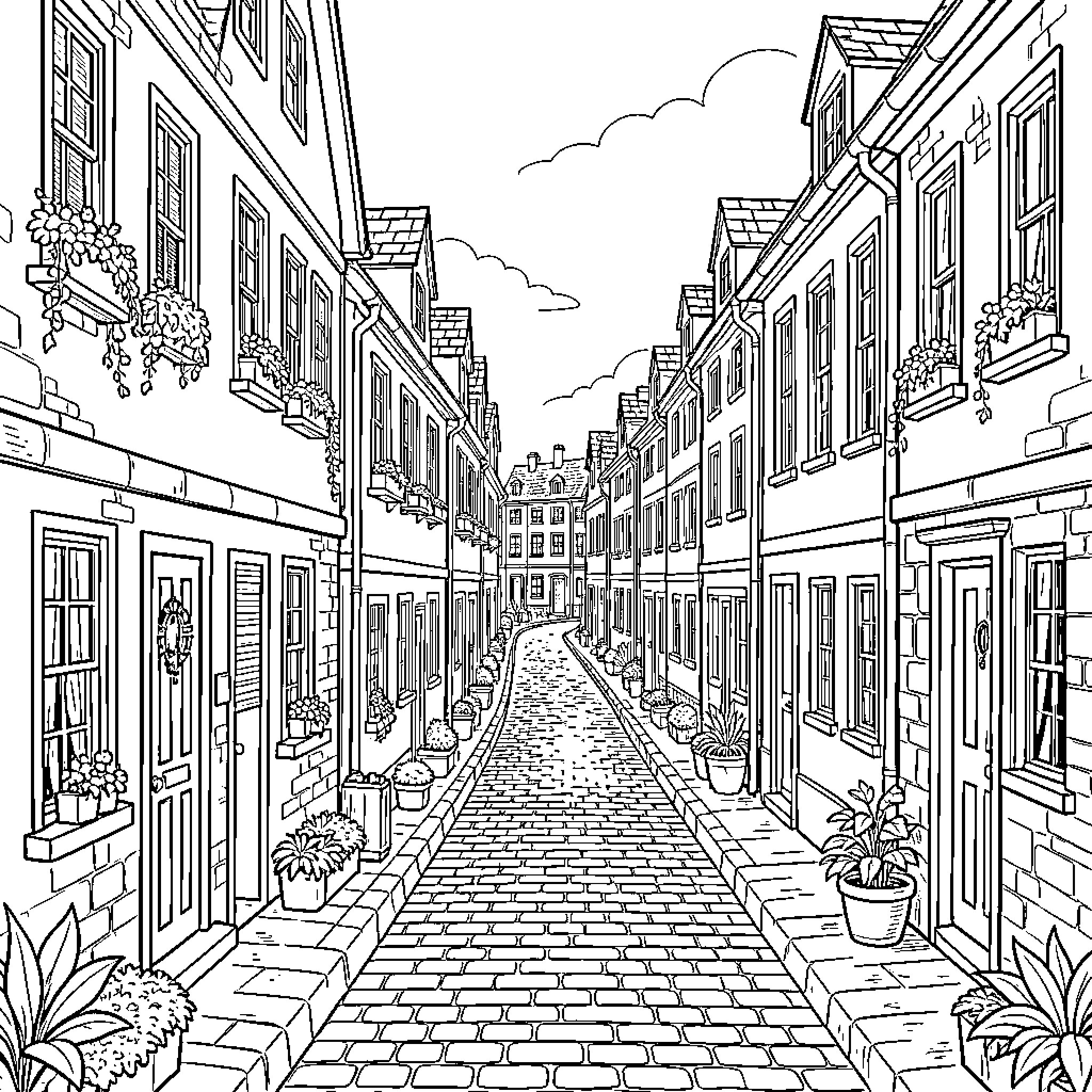 Street Scene of Quaint European Buildings and Cobblestone Path Coloring Page (free black-and-white line drawing printable PDF for all, from beginners to advanced learners, including children, teens, adults, and seniors)