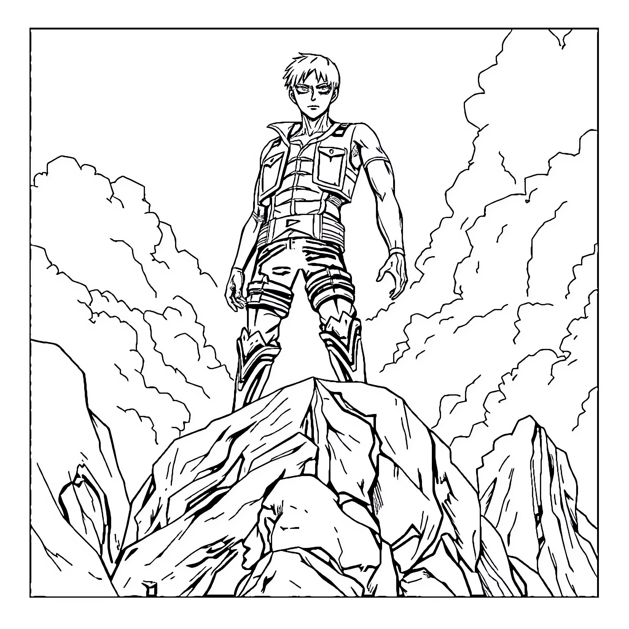 Titan Warrior Stands Triumphant on Rugged Terrain Coloring Page (free black-and-white line drawing printable PDF for all, from beginners to advanced learners, including children, teens, adults, and seniors)
