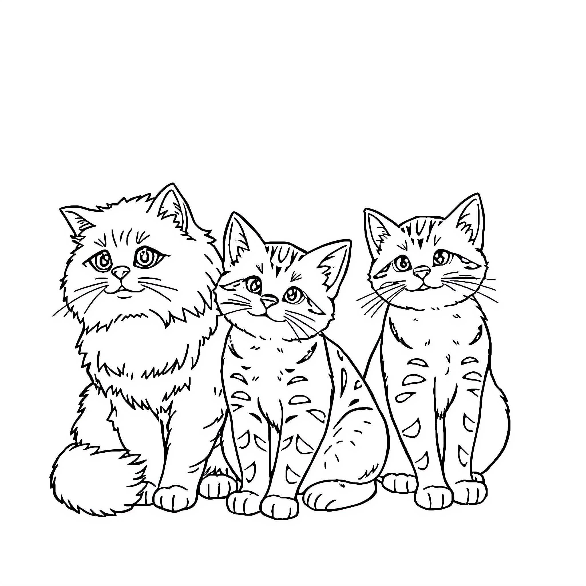Cat trio sitting together in playful pose Coloring Page (free black-and-white line drawing printable PDF for all, from beginners to advanced learners, including children, teens, adults, and seniors)