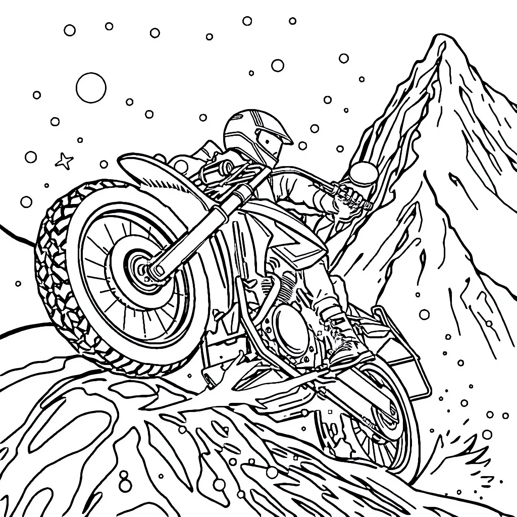 Motorcycle racing through snowy mountains Coloring Page (free black-and-white line drawing printable PDF for all, from beginners to advanced learners, including children, teens, adults, and seniors)