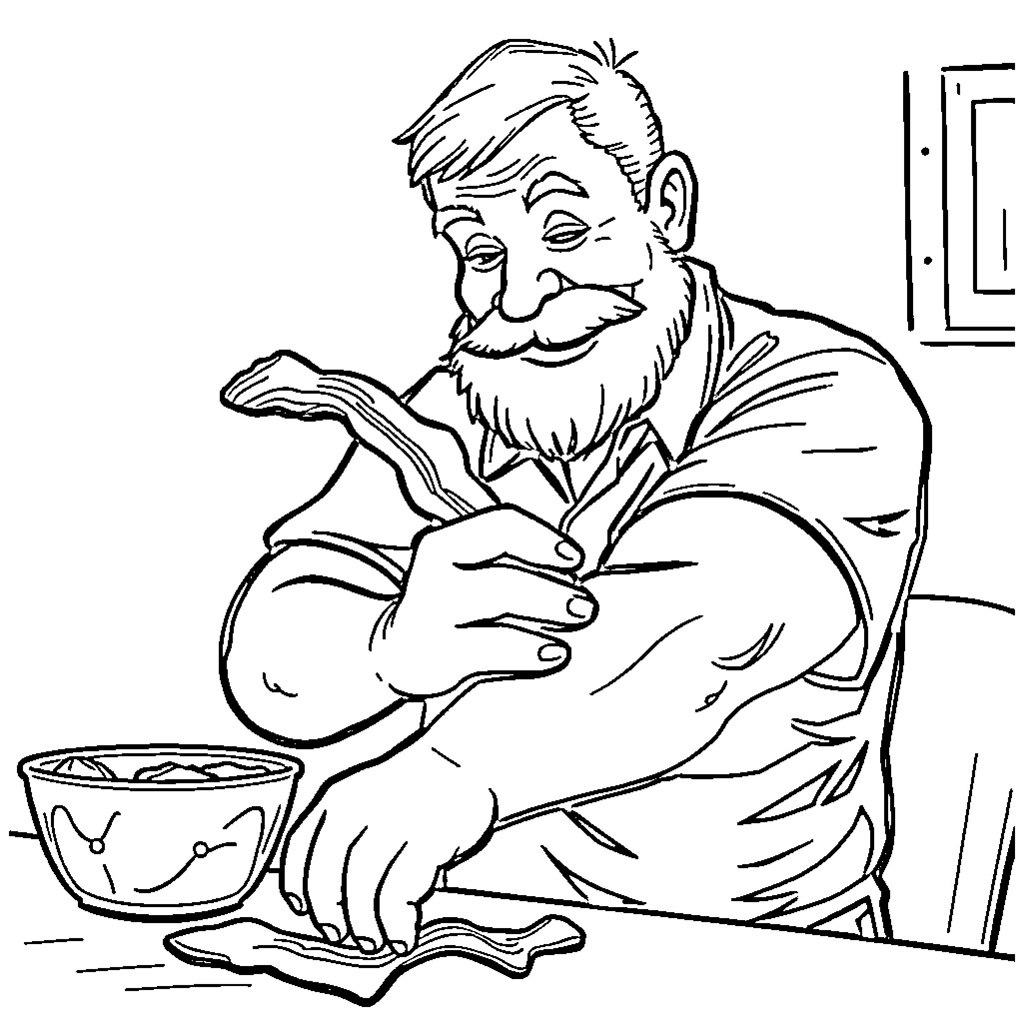 Mr. Timn Enjoying a Hearty Meal Coloring Page (free black-and-white line drawing printable PDF for all, from beginners to advanced learners, including children, teens, adults, and seniors)