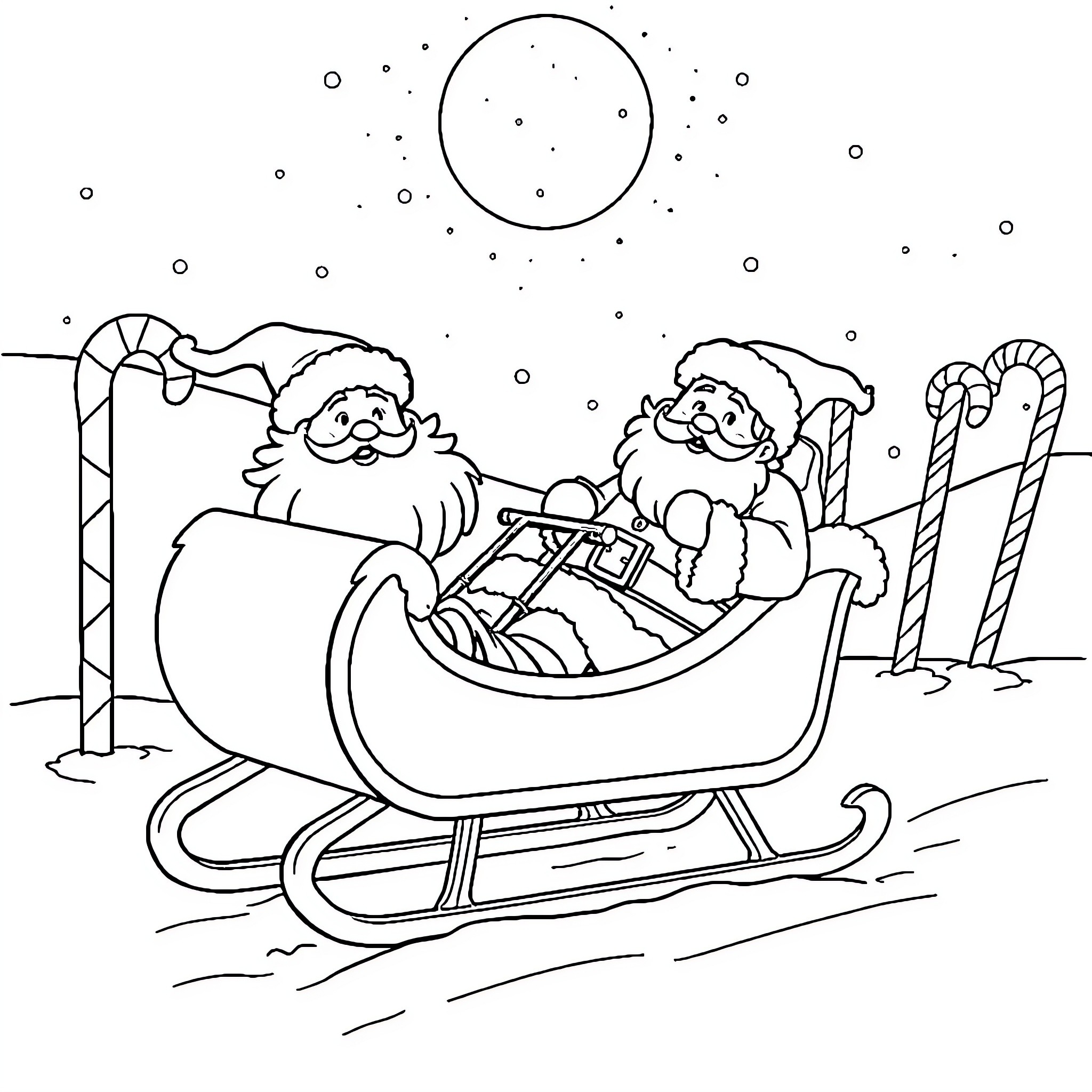 Santa and Elves Sledding in the Snow Coloring Page (free black-and-white line drawing printable PDF for all, from beginners to advanced learners, including children, teens, adults, and seniors)
