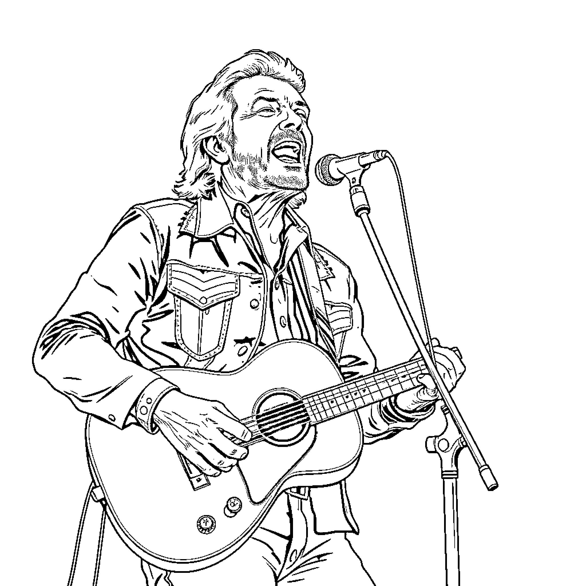 Waylon Jennings performing passionately on stage with guitar Coloring Page (free black-and-white line drawing printable PDF for all, from beginners to advanced learners, including children, teens, adults, and seniors)