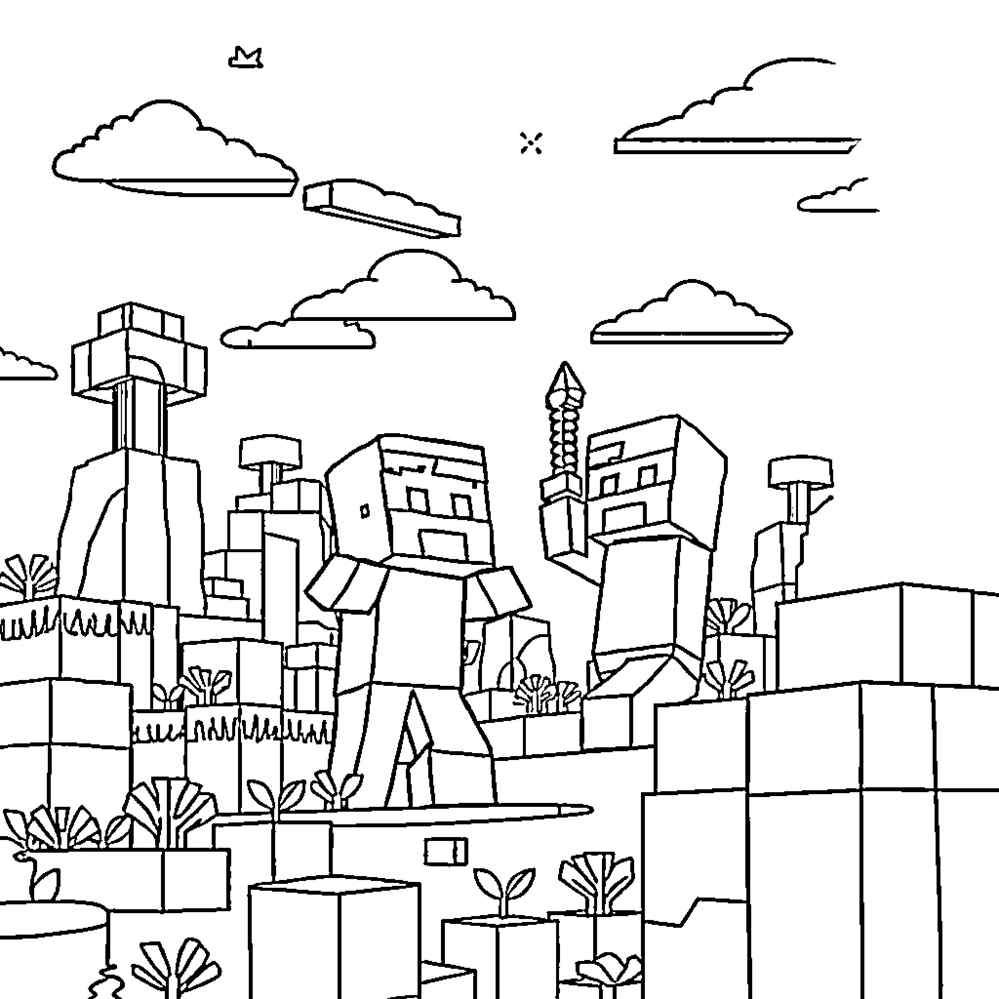 Minecraft Character exploring a futuristic cityscape Coloring Page (free black-and-white line drawing printable PDF for all, from beginners to advanced learners, including children, teens, adults, and seniors)