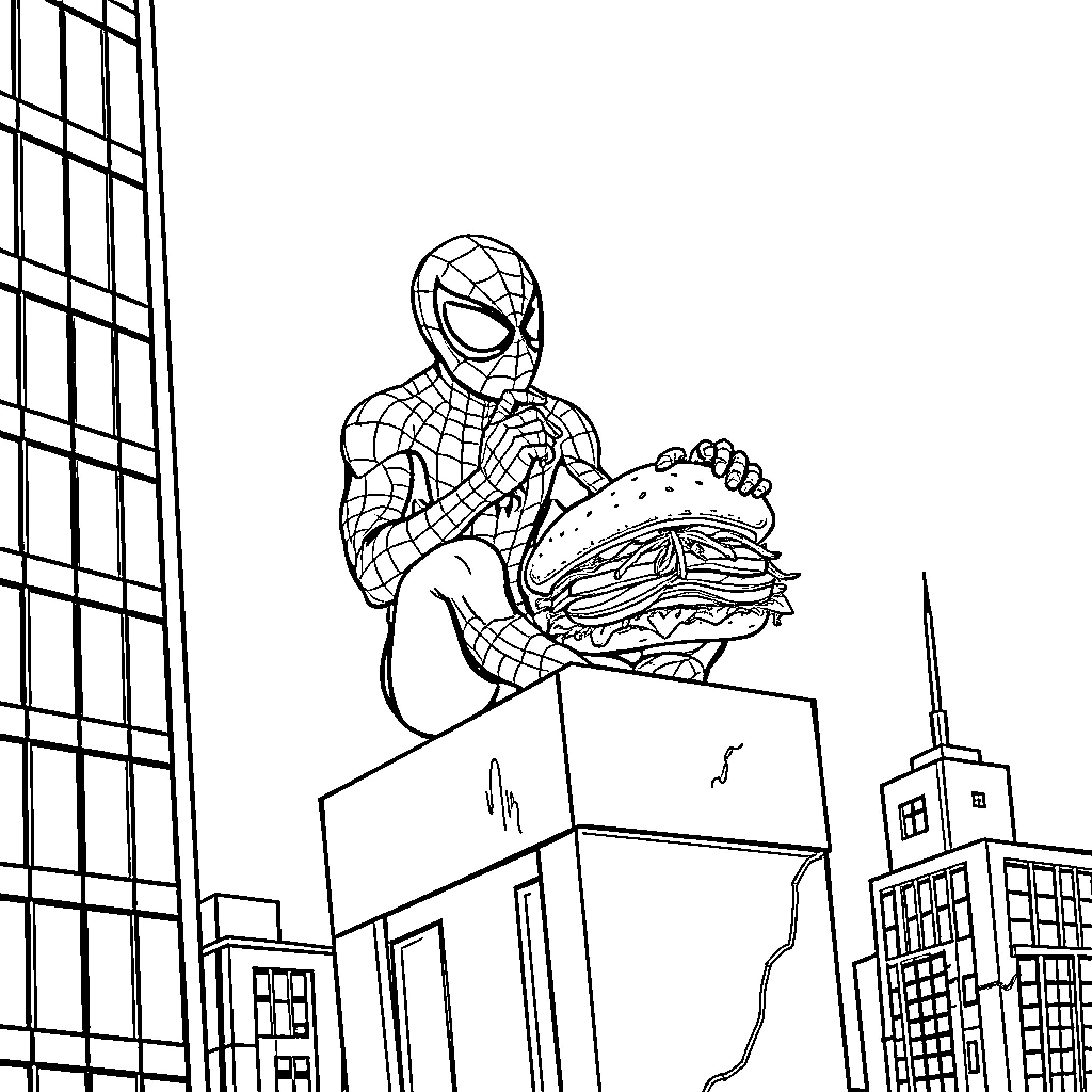 Spiderman enjoying a giant sandwich on a city rooftop Coloring Page (free black-and-white line drawing printable PDF for all, from beginners to advanced learners, including children, teens, adults, and seniors)