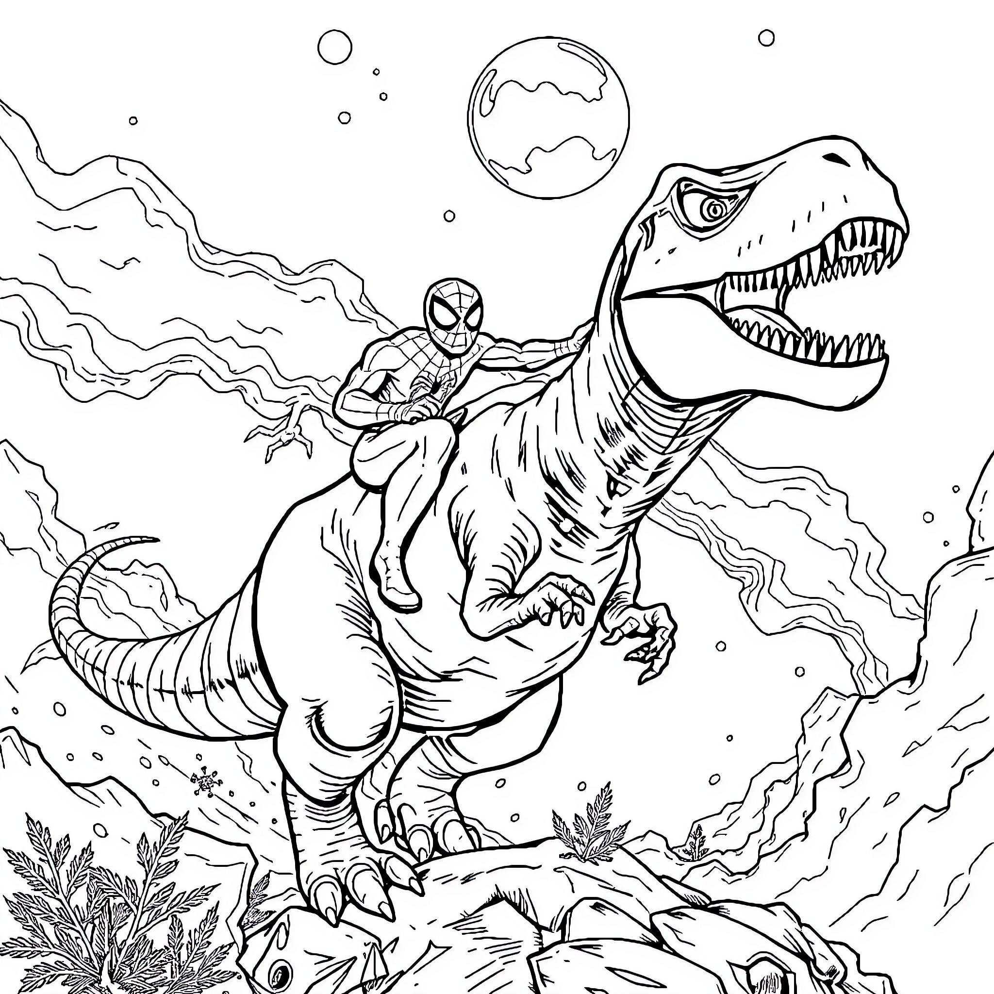 Spiderman swinging through a prehistoric landscape Coloring Page (free black-and-white line drawing printable PDF for all, from beginners to advanced learners, including children, teens, adults, and seniors)