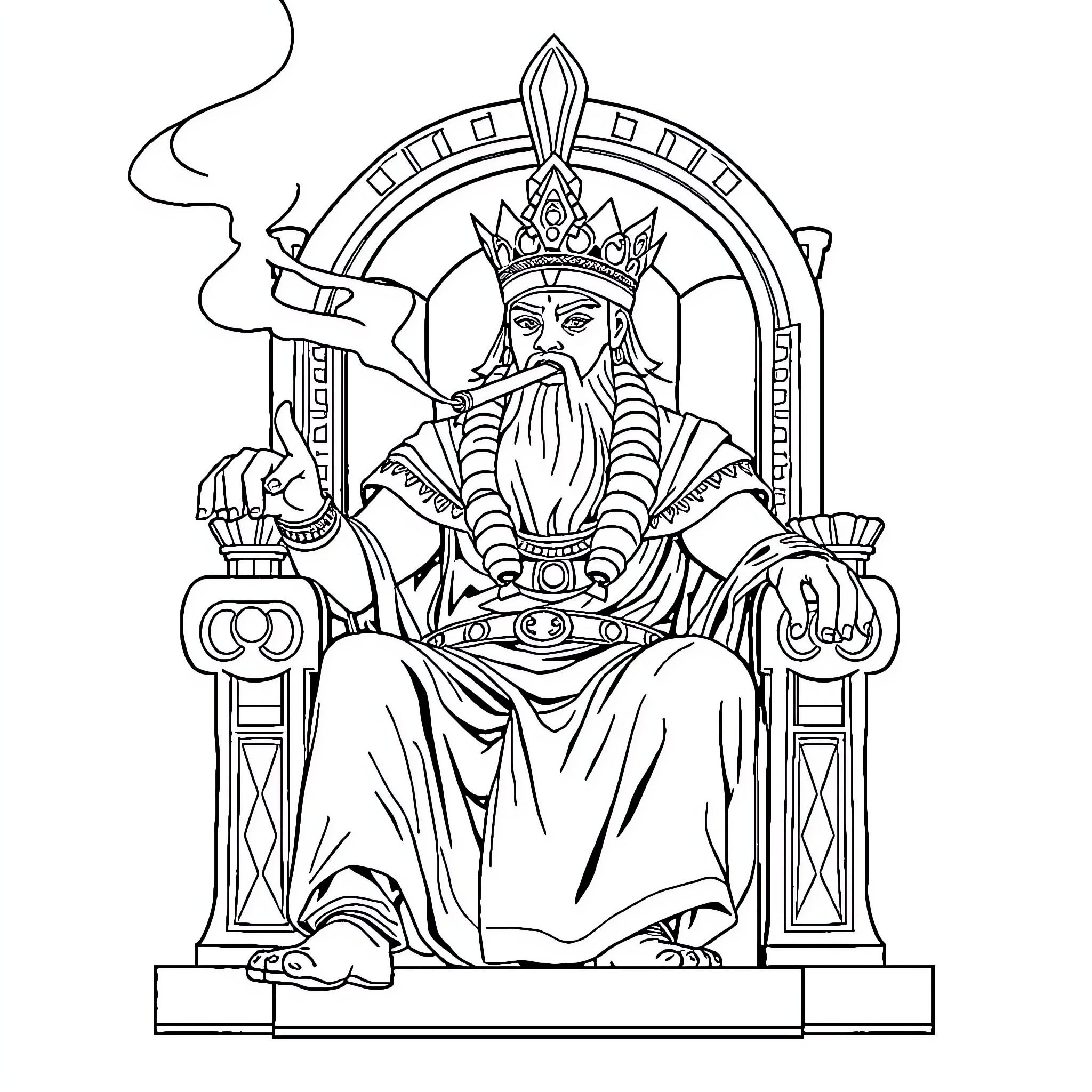 Assyrian King seated on an ornate throne Coloring Page (free black-and-white line drawing printable PDF for all, from beginners to advanced learners, including children, teens, adults, and seniors)