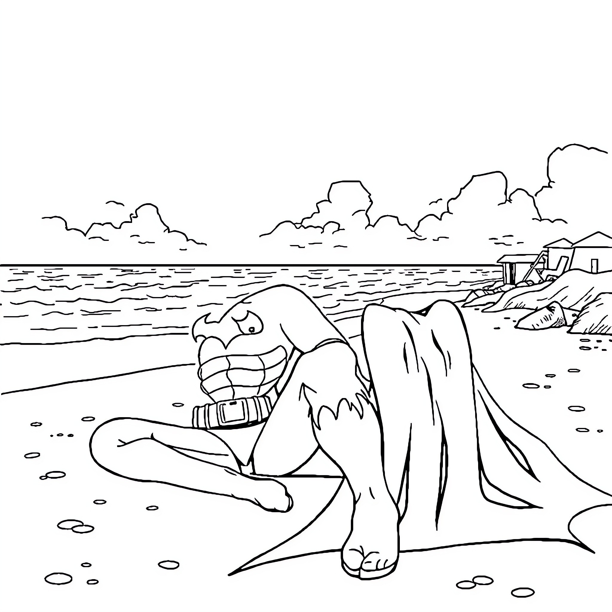 Batman Relaxes on the Beach with Seagulls Coloring Page (free black-and-white line drawing printable PDF for all, from beginners to advanced learners, including children, teens, adults, and seniors)