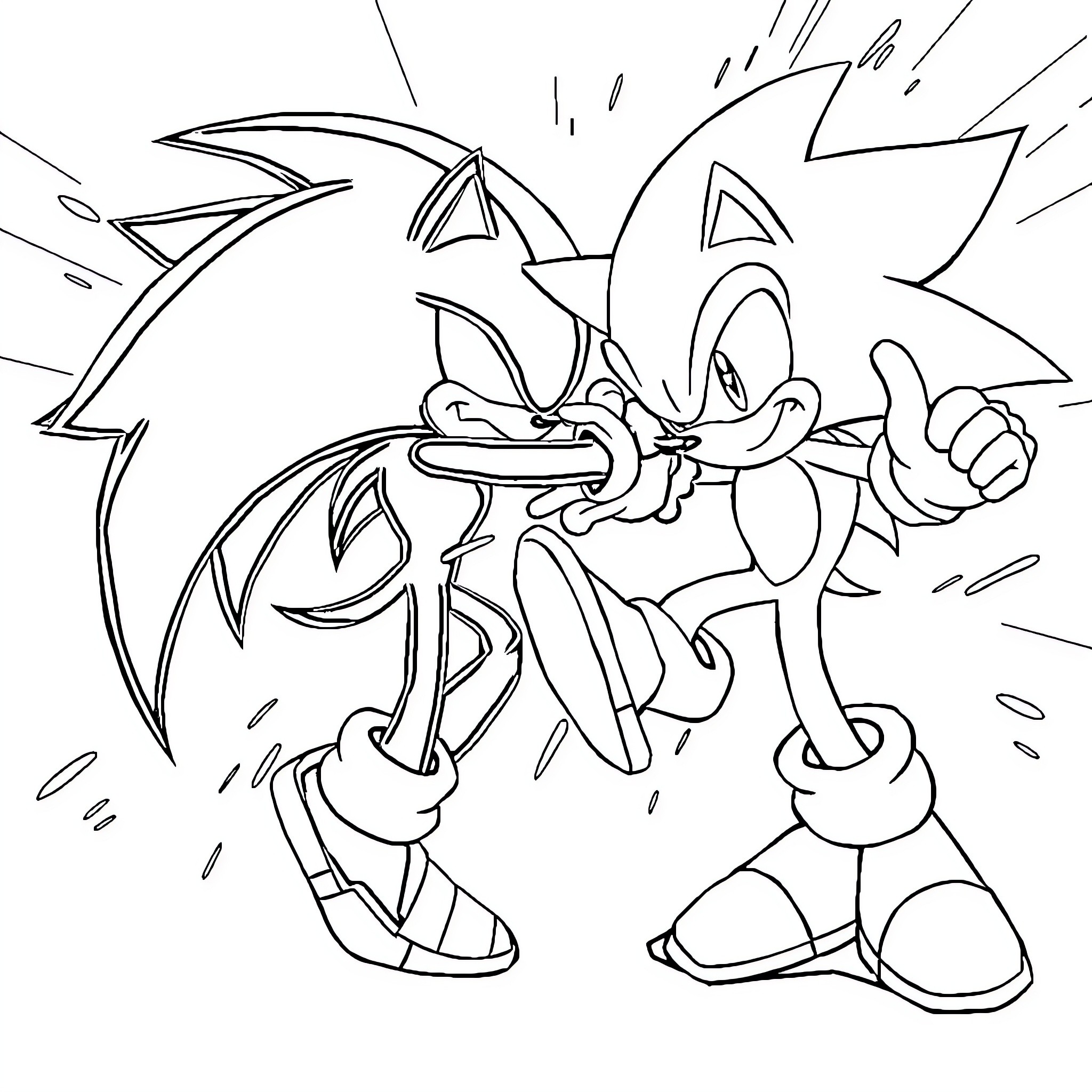 Sonic characters in animated action poses Coloring Page (free black-and-white line drawing printable PDF for all, from beginners to advanced learners, including children, teens, adults, and seniors)