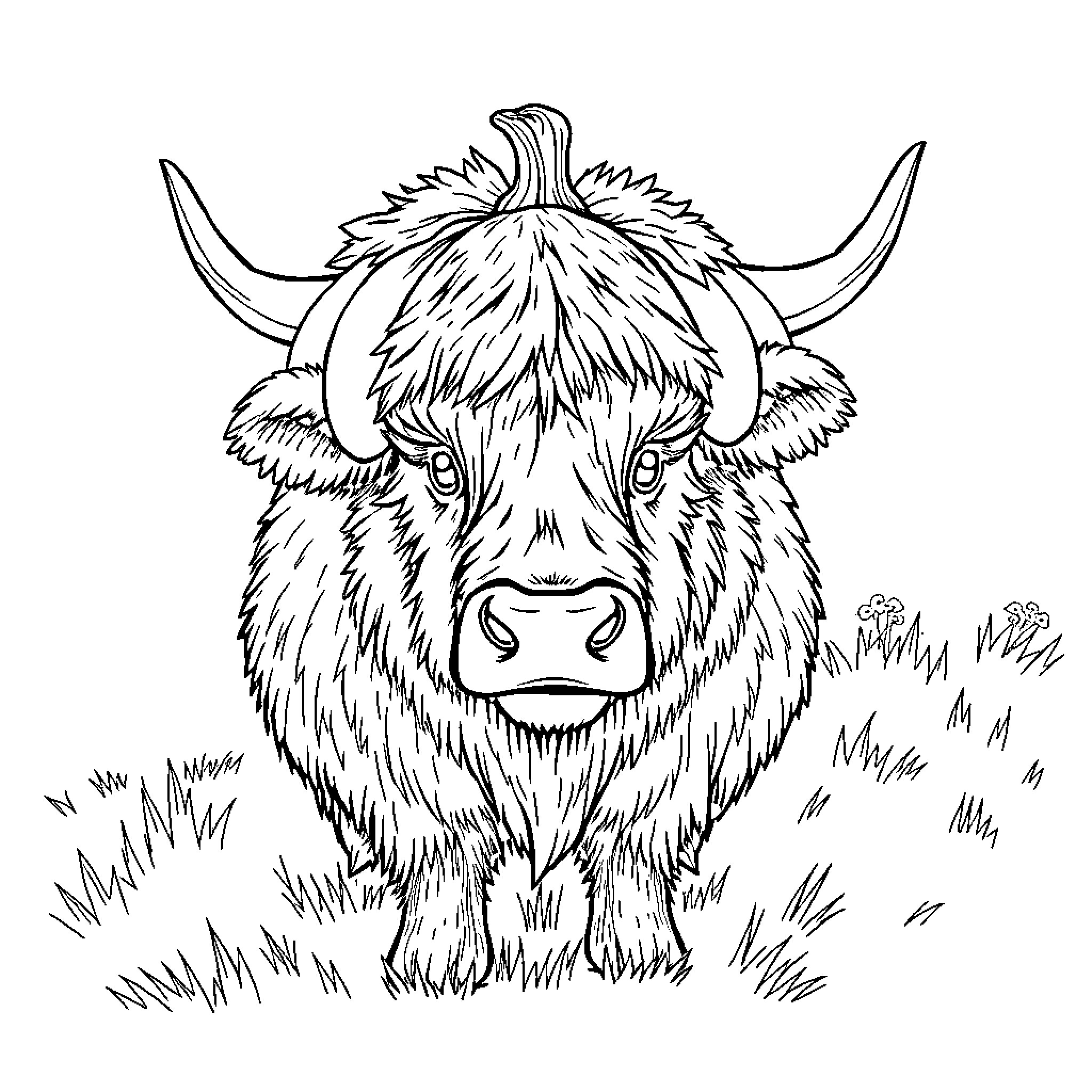Highland Cow gazing curiously in grassy field Coloring Page (free black-and-white line drawing printable PDF for all, from beginners to advanced learners, including children, teens, adults, and seniors)